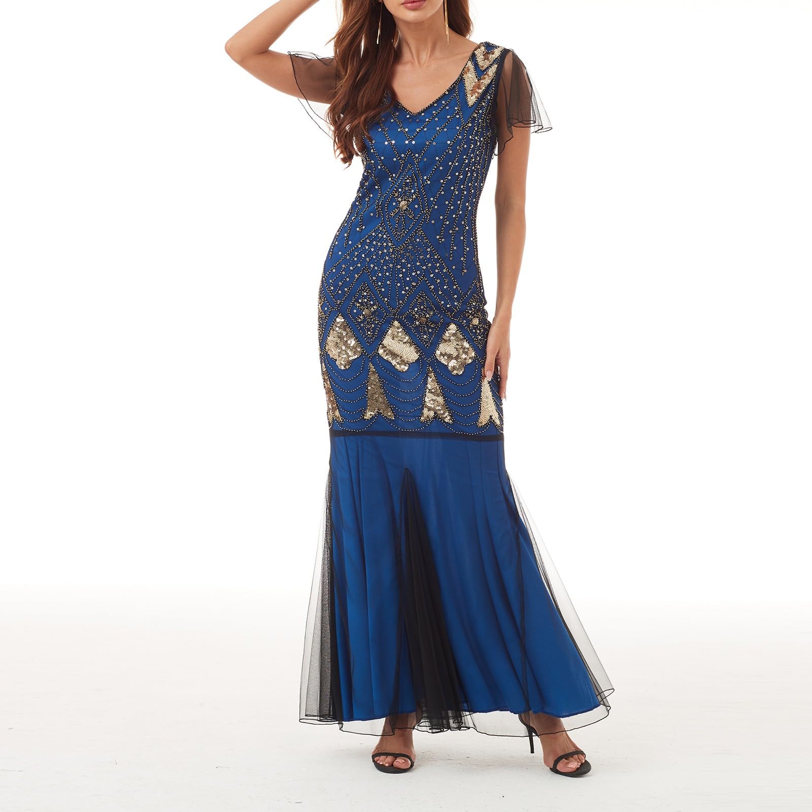 Abito da sera da donna anni '20, con scollo a V, con paillettes, con frange, retrò, lungo, con brillantini, sexy, a maniche lunghe, per cocktail, feste, matrimoni
