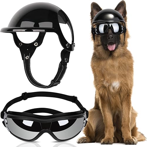 SlowTon Casco y gafas para perro grande, protección UV, gafas de sol para perros, sombrero de mascotas, cascos de motocicleta con agujeros para las