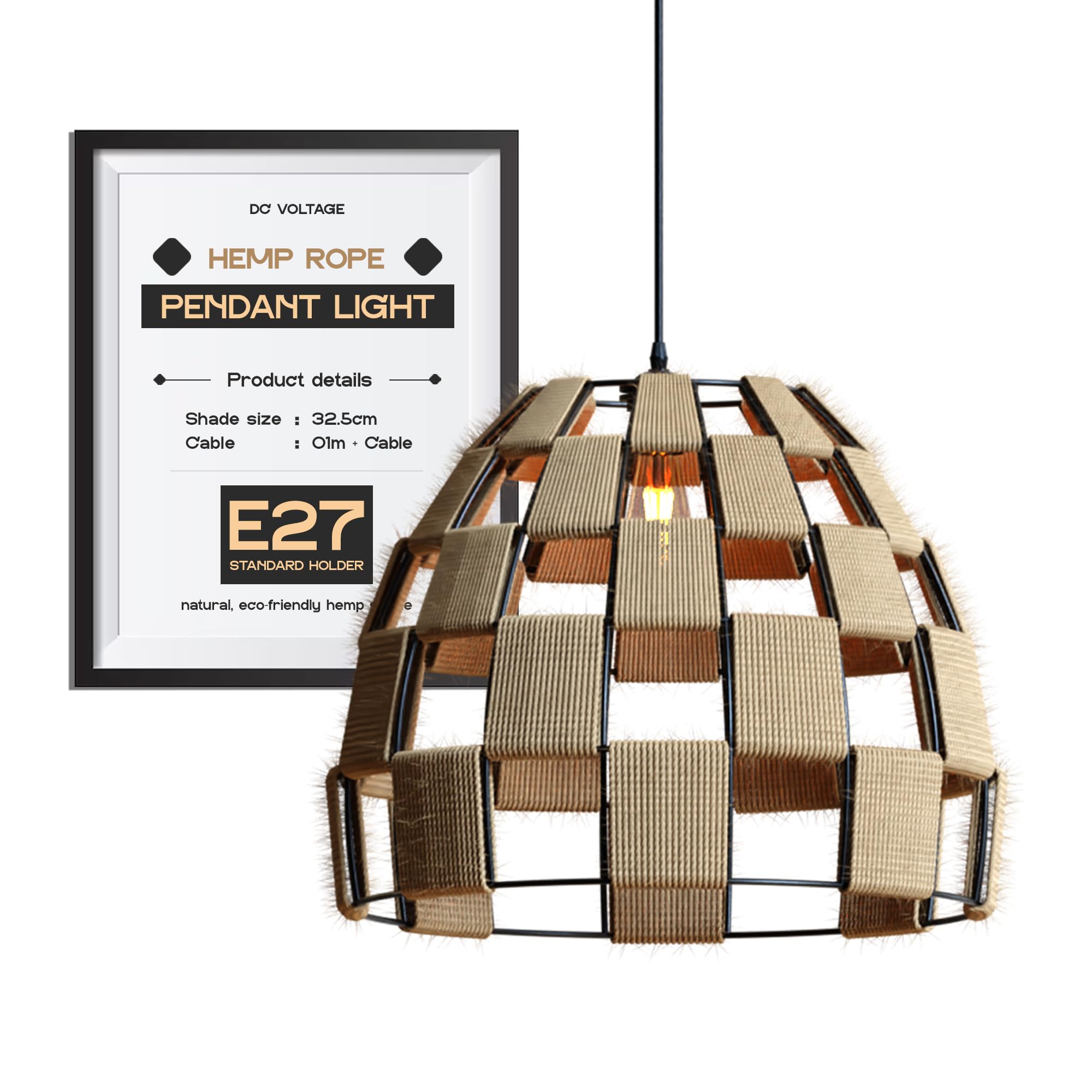 DC VOLTAGE Natural Hemp Pendant Light 32.5cm Lamp Shade, Small Metal & Hemp Rope Lamp Shades Ceiling, Rattan Lampshade, Pendant Light Shade for Ceiling Lights, Living Room, Bedroom, Kitchen, Hallways — image 1