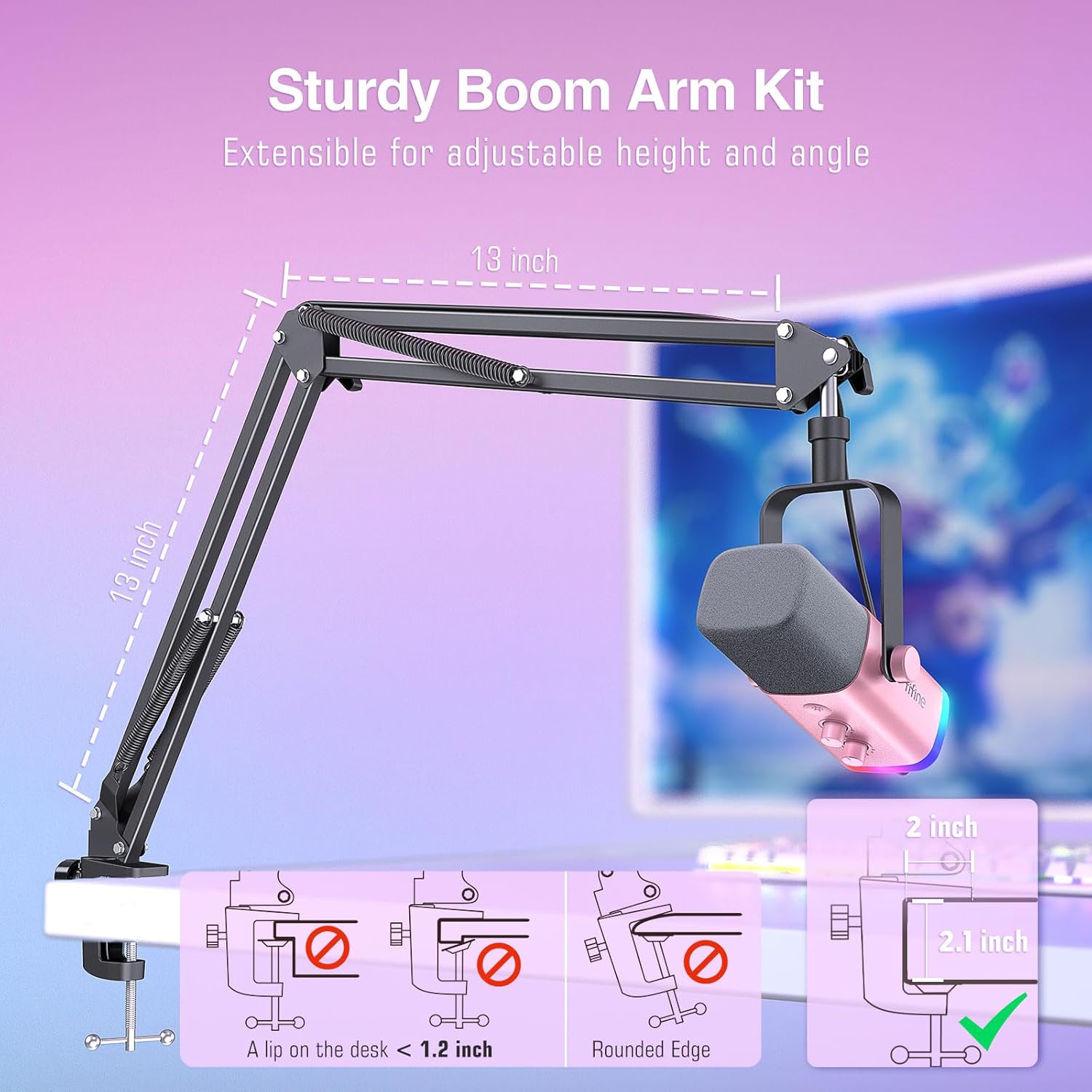 Diagram showing the dimensions and proper attachment of the boom arm stand to a desk.