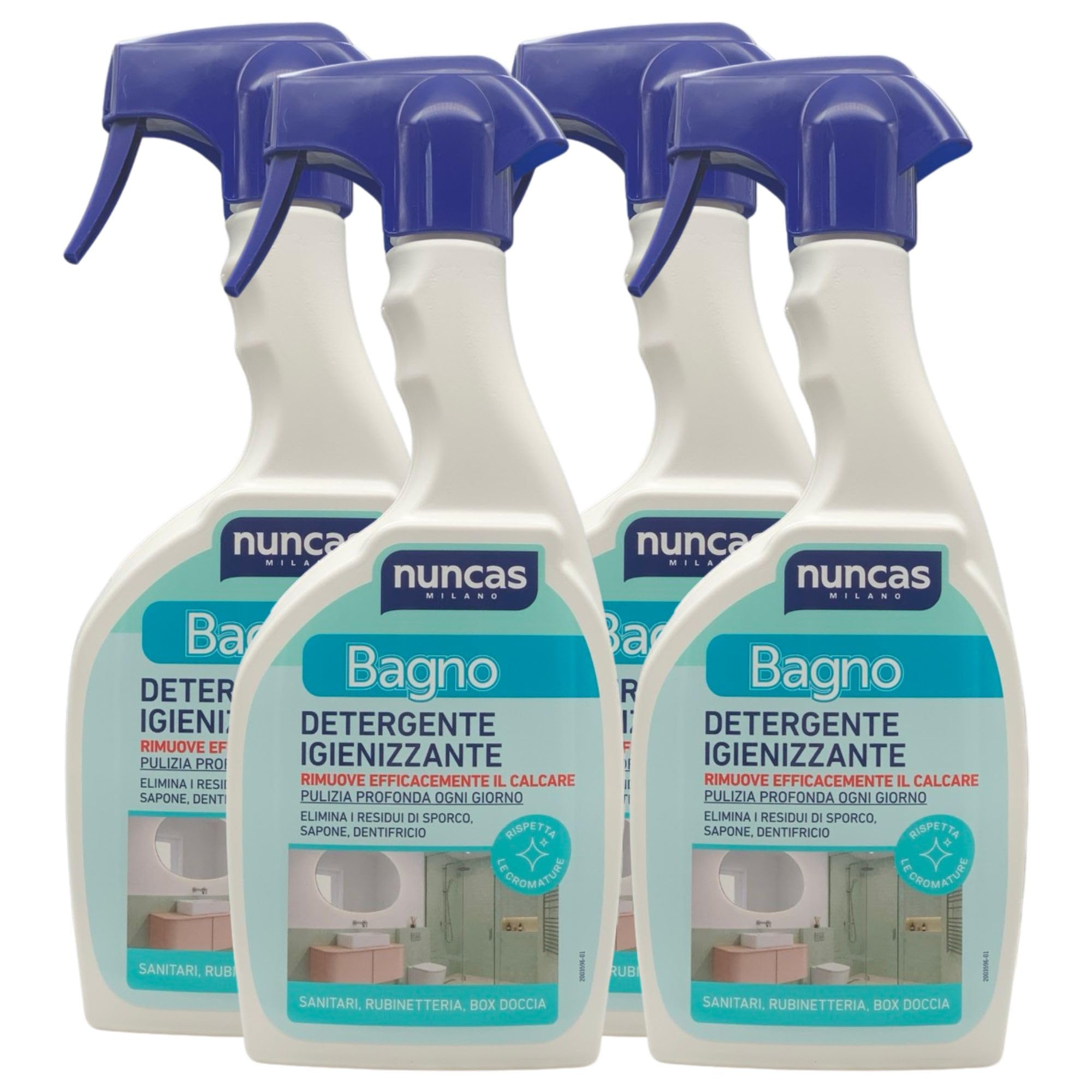4x Detergente Igienizzante BAGNO, Rimuove Efficacemente Il Calcare. Elimina i Residui Di Sporco, Sapone e Dentifricio, Rispetta Le Cromature 500ml