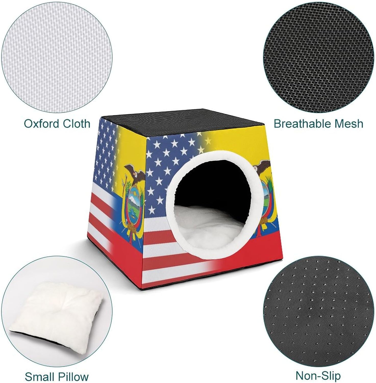 Generic US and Ecuador Flag Cat House for Indoor with Spacious Cat Nest, style-39-6