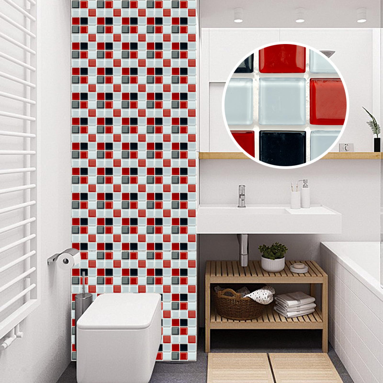 Tile Stickers Mosaic Red Black Stick on Tiles Waterproof Self Adhesive Wall Oil-Proof Kitchen for Bathroom Stairs Home Decor 20 Pcs/15x15cm
