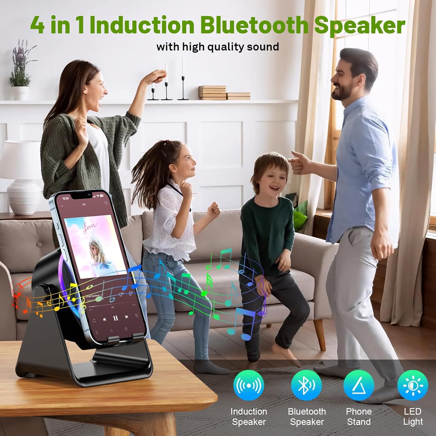 Altoparlante Bluetooth a induzione wireless 5 in 1 con supporto rotondo regolabile per telefono, altoparlante Bluetooth stereo multifunzionale, luce ambientale 8 RGB e lunga durata della