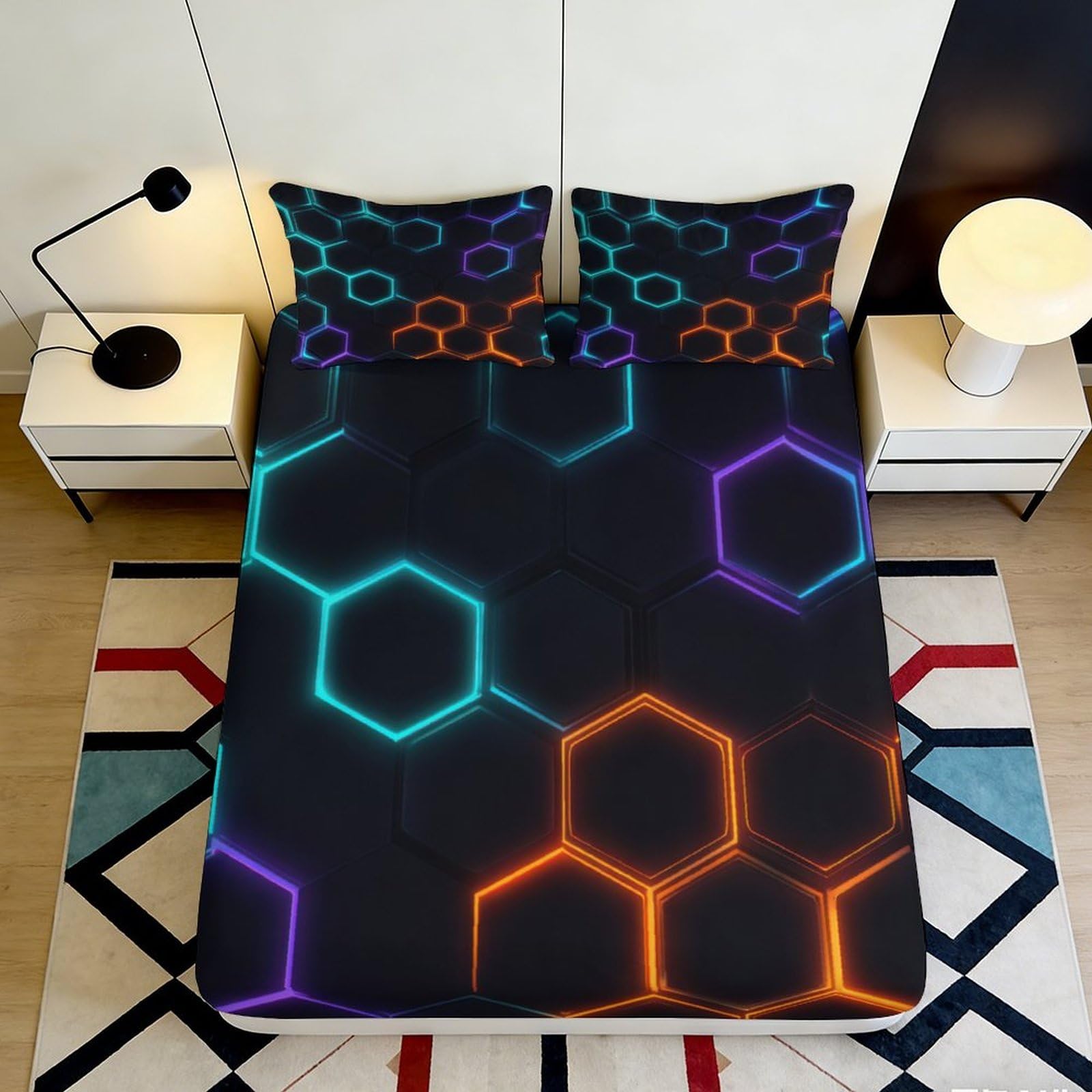 Pnayamiorkfel Style-5 3D Printed Neon Hexagon Fitted Sheet Microfiber Anti-Slip Bedroom Decor Geometric Mattress Cover For Home Dorm 90X200x25cm