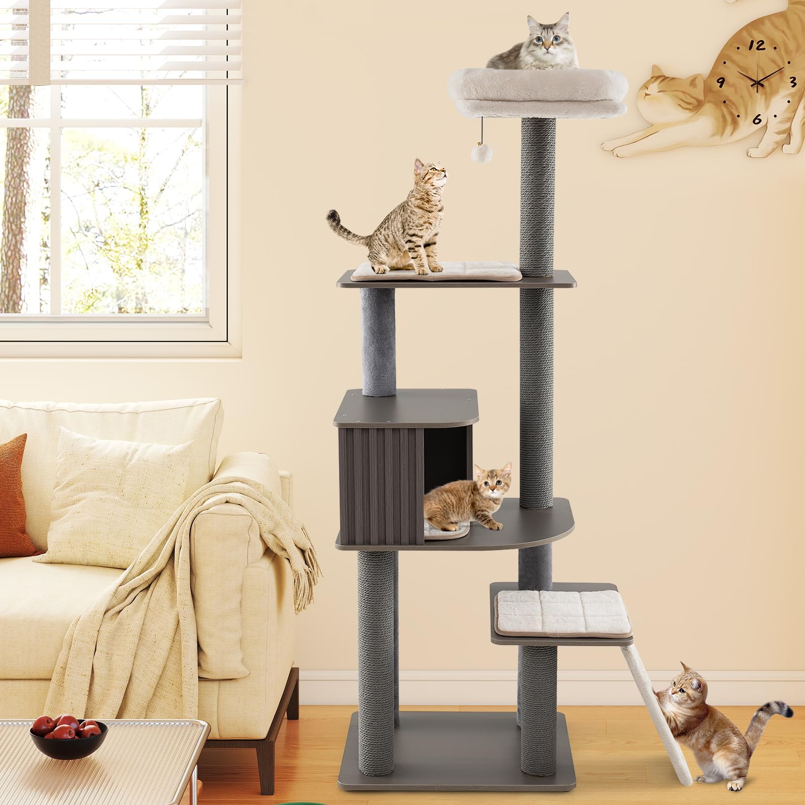 COSTWAY Albero per Gatti a 6 Livelli, Torre per Gatti Alta 171 cm con Cuscino, Condominio, Tappetini Staccabili e Pannello in Sisal, Albero Tiragraffi in Legno con Palla Pompom Appesa