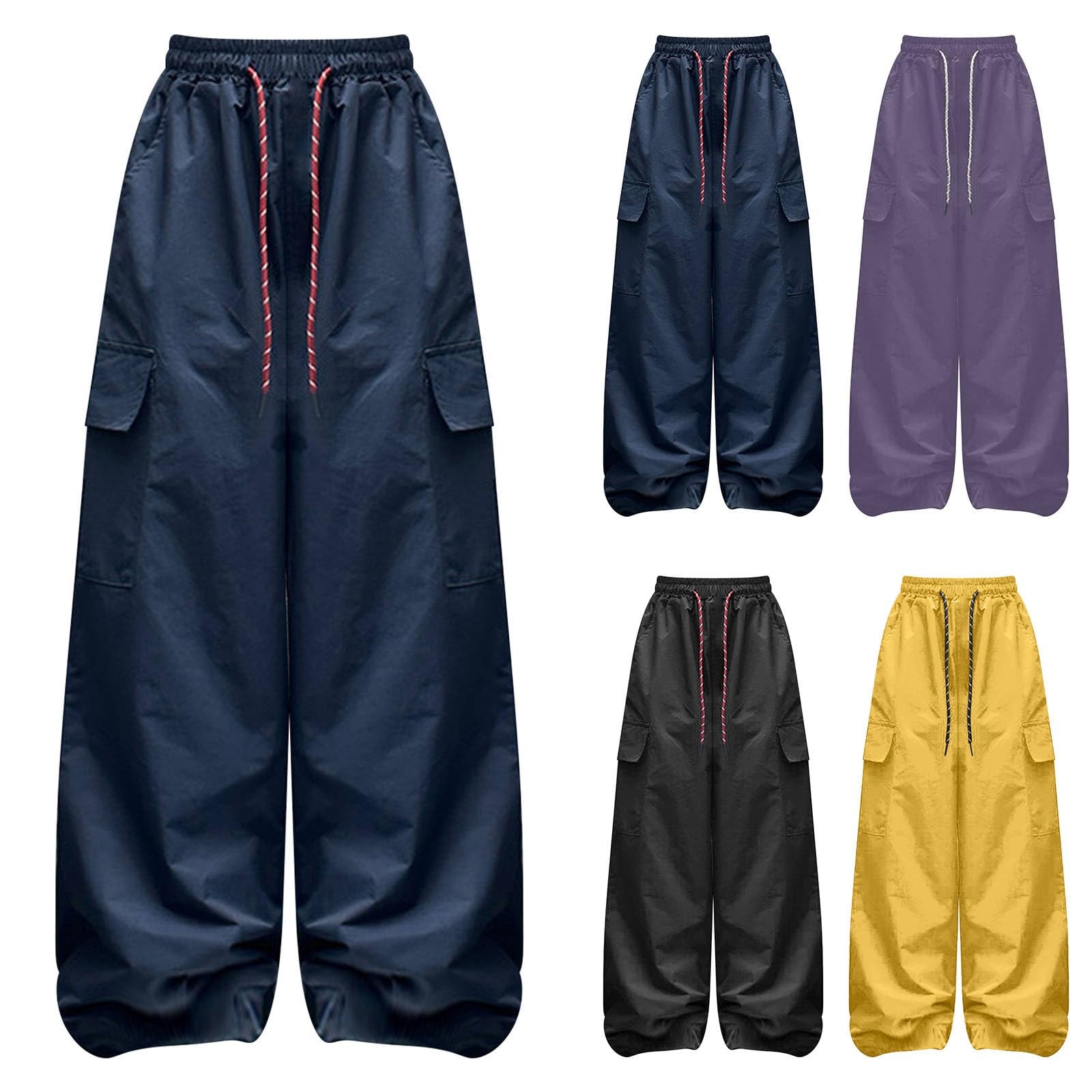 Girls Y2K Parachute Pants Solid Color Elastic Waist Cargo Pants ????rawstring Jogger Sweatpants with (Yellow, 10-11 Years)