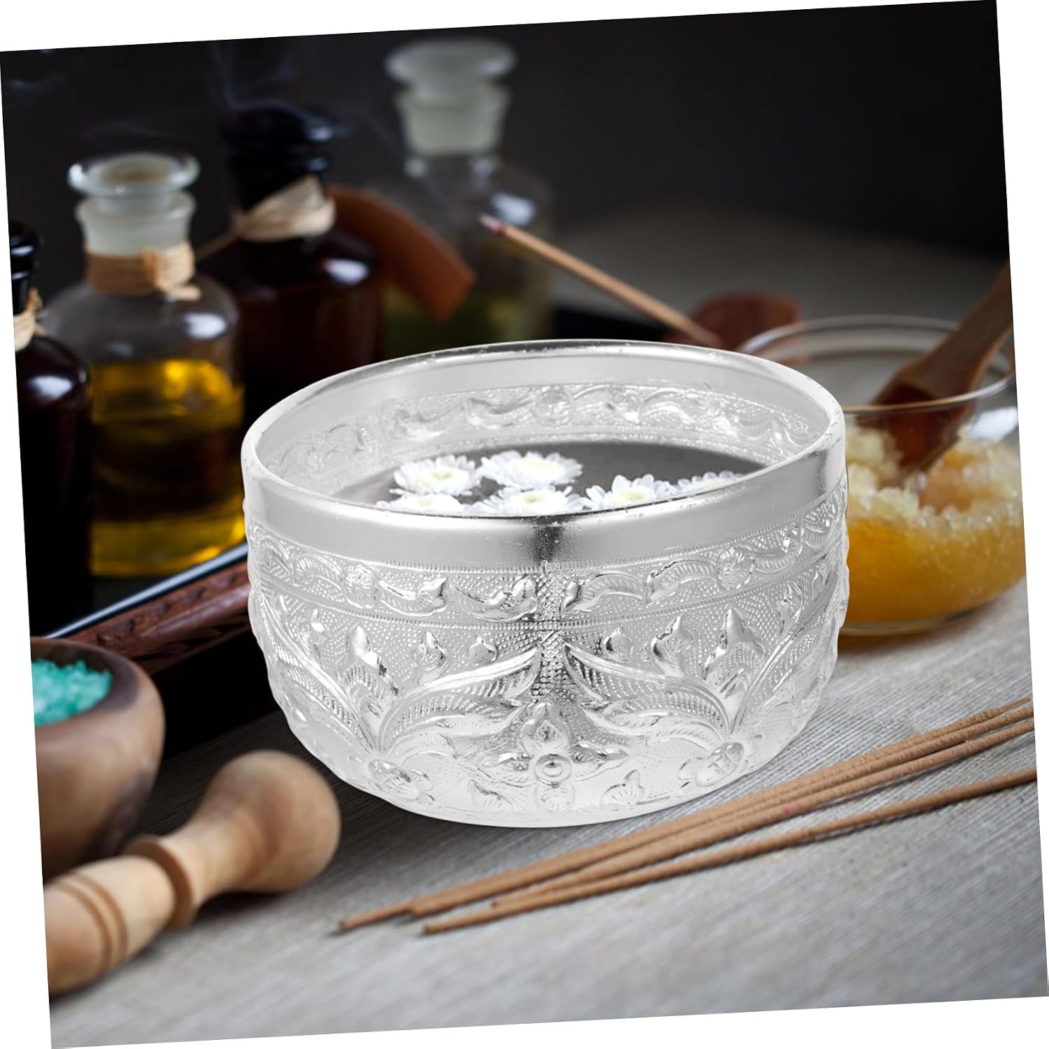ARTIBETTER Spa Decor Thai Bowl Condiment Bowls Scrying Vintage Water Offering Ritual Water Retro Decor Thai Silver Tin Fruit Salad Essential Oil Container image 5