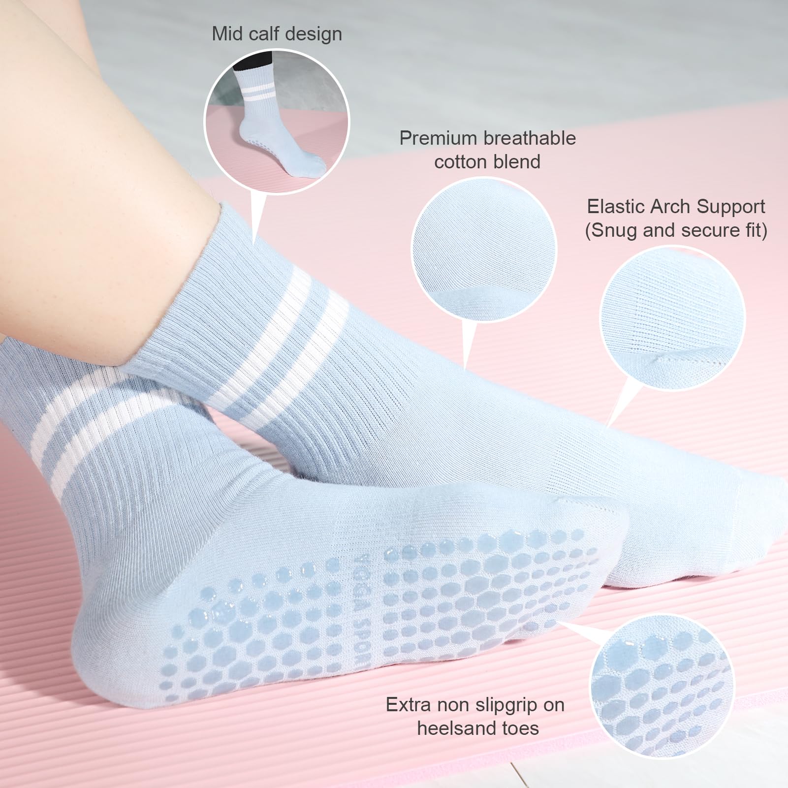 IHFAIO 4 Pairs Grippy Socks Woman, Non Slip Pilates Yoga Socks with Double Stripes Non Slip Socks for Workout, Ballet, Athletic Socks