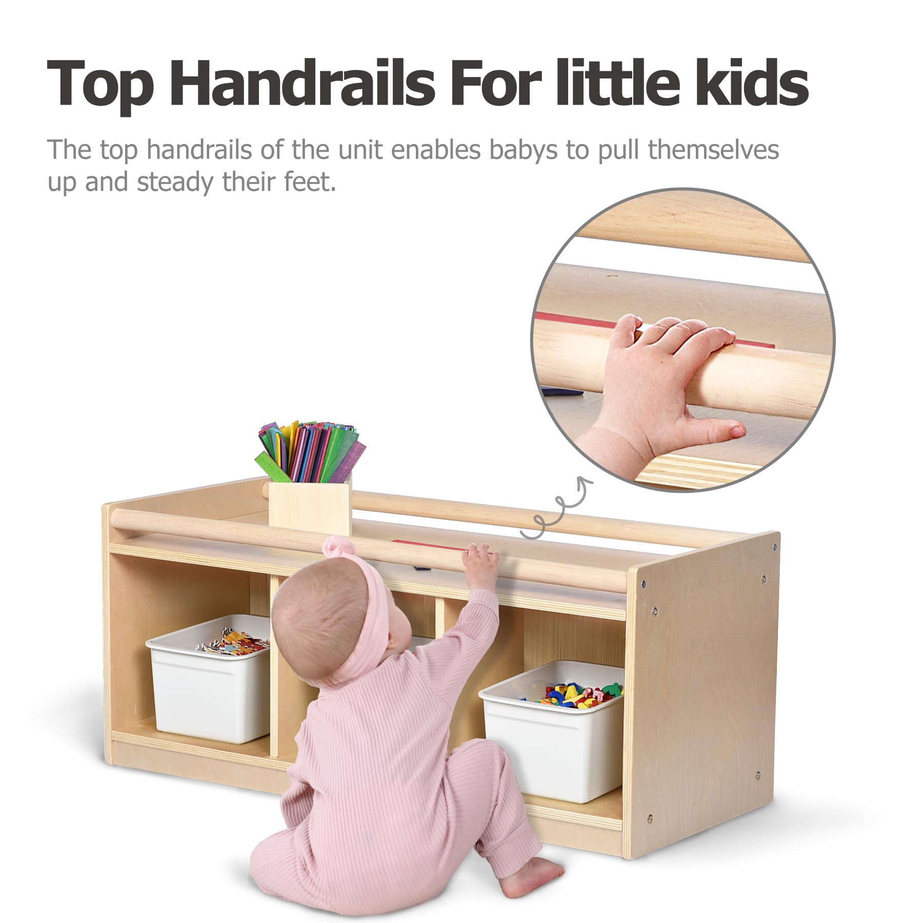 Almacenamiento de juguetes para niños pequeños con espejo trasero, cubículos preescolares y guardería para bebés con 2 pasamanos de sujeción superior, muebles para niños pequeños, hogar, aula, 4