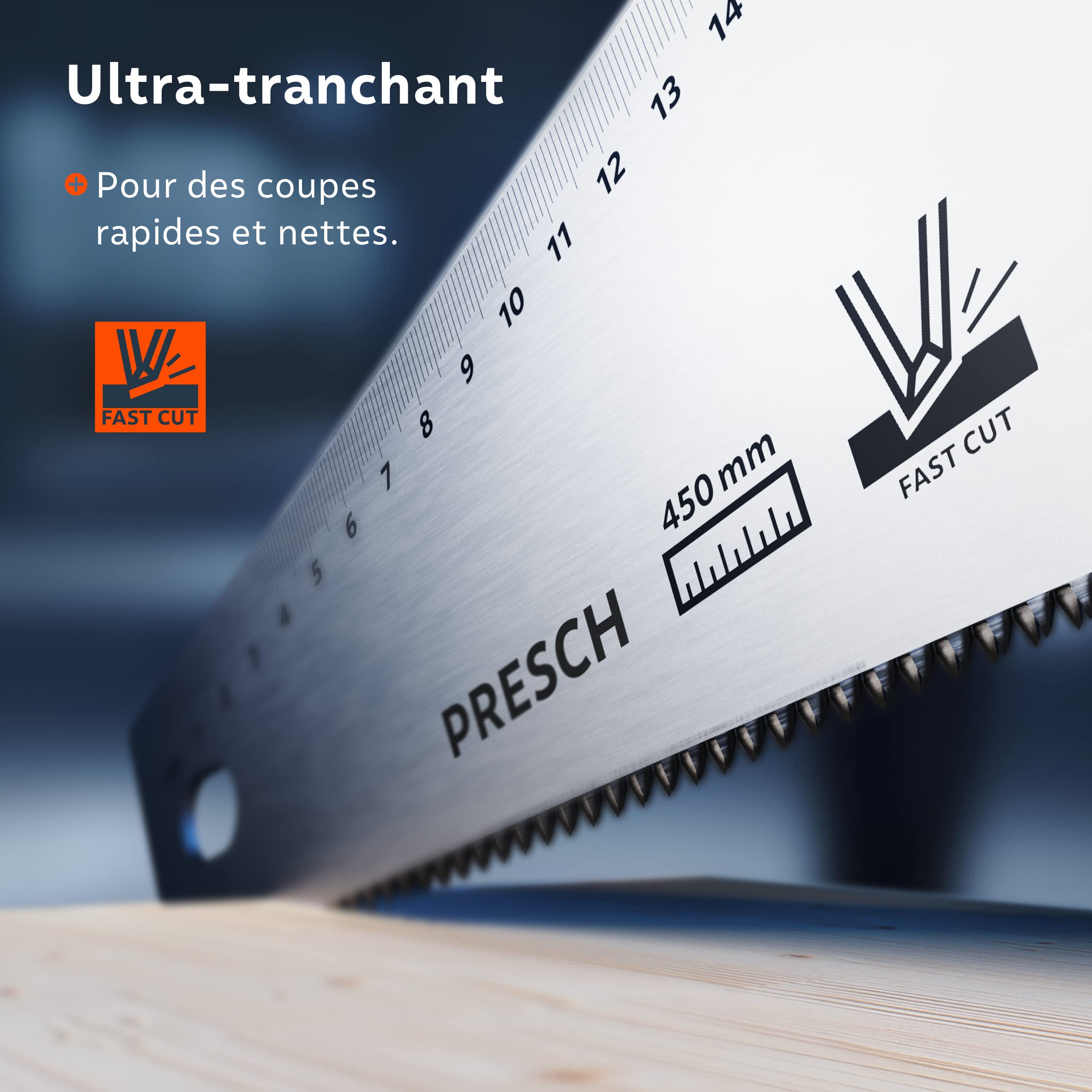 Presch Scie égoïne à main 450 mm - Scie à bois avec traçages à 45° et 90° - Scie à main professionnelle pour couper bois, pvc et sols stratifiés - Hand Saw