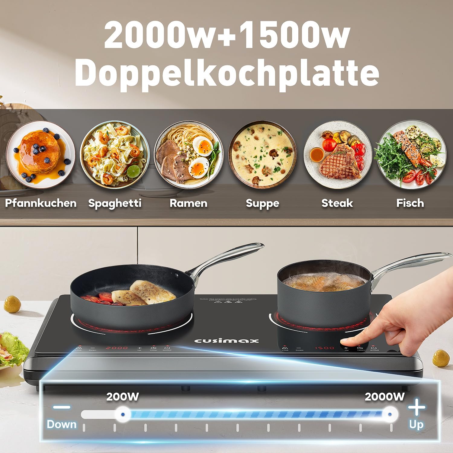 CUSIMAX 3500 W piastra da cucina a infrarossi in acciaio inox 2 piastre elettriche con display a LED, timer, controllo touch, protezione per bambini, colore nero