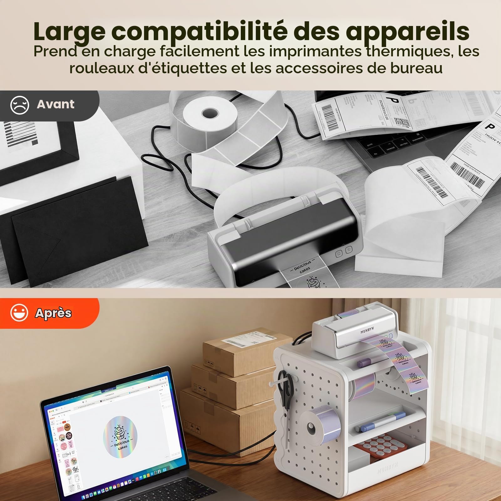 MUNBYN Le Porte-étiquettes Thermiques 4x6 est, 5 en 1 doté de Trois étagères, de tiroirs, de Crochets et d'un Panneau perforé. Idéal pour l'impression d'étiquettes d'expédition, Le Bureau et lmaison