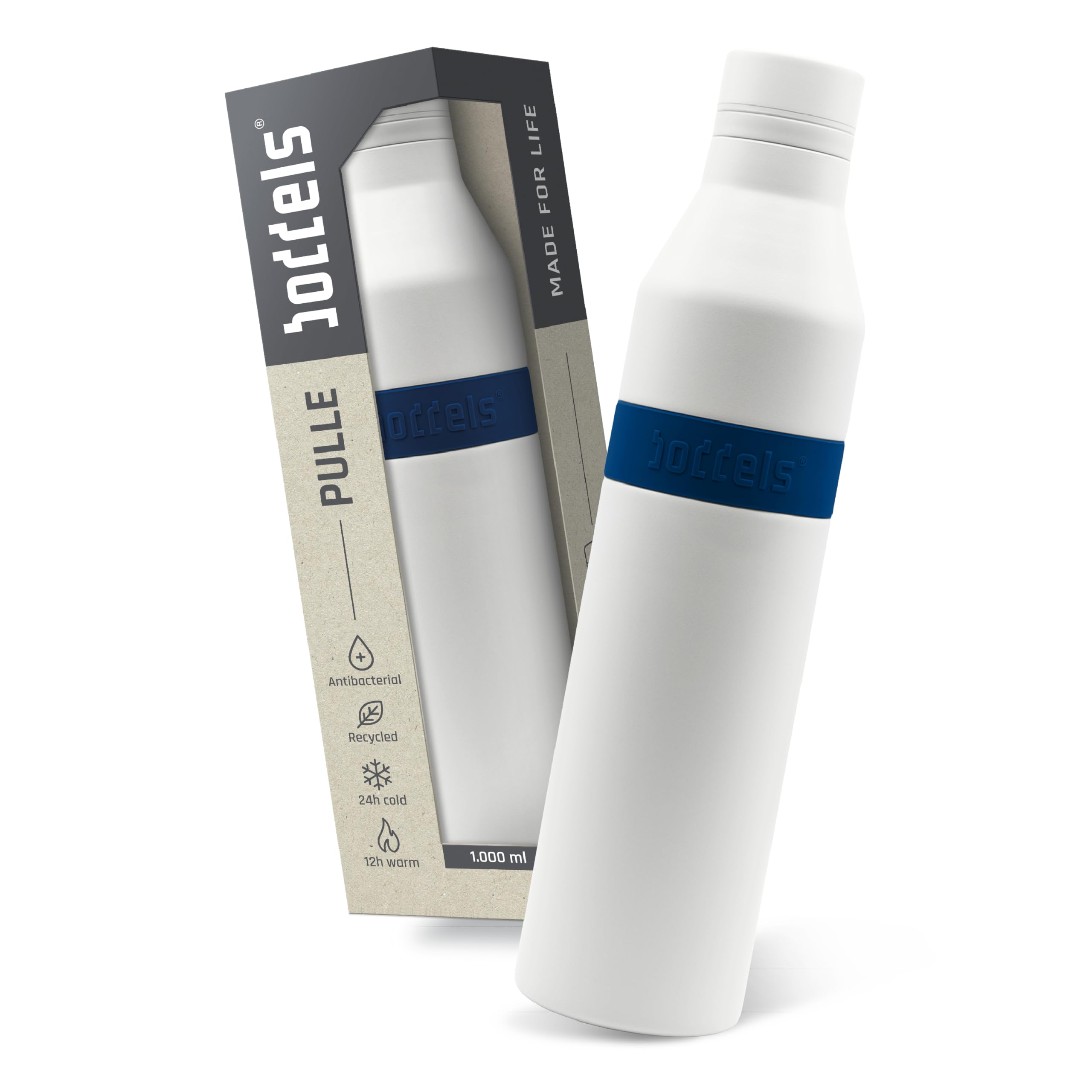 PULLE Edelstahl Trinkflasche 1l Thermosflasche 24h kalt & 12h warm, Auslaufsicher, Spülmaschinenfest, Kohlensäure geeignet, Sprudel, Hygieneverschluss, Recycelter Edelstahl (Weiß/Nachtblau, 1000ml)
