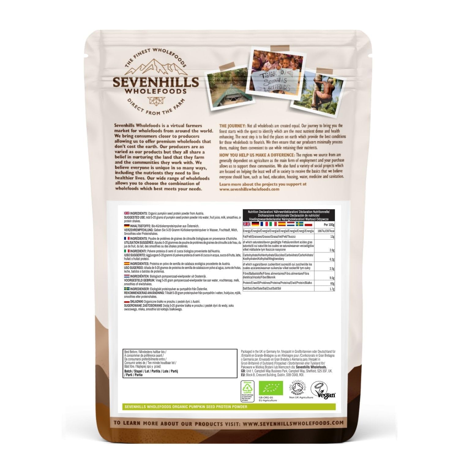 Sevenhills Wholefoods Proteine ​​in polvere di semi di zucca biologici 900g, tostati delicatamente, 60% di proteine