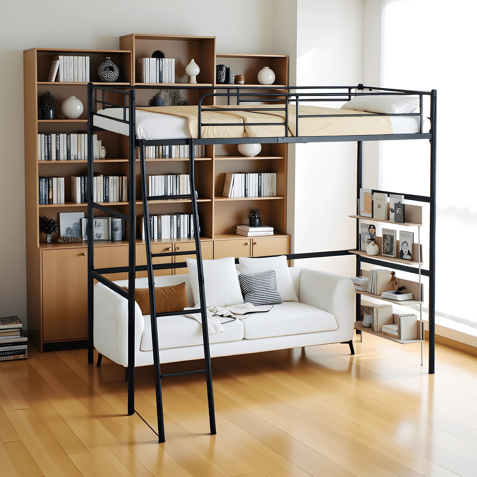 DORAFAIR Lit Mezzanine 1 Place Lit Superposé en Métal per Matelas de 90 x 200 CM avec Escalier pour Adultes et Enfants, Sécurité Garde-Corps et Espace Libre en Dessous, Noir