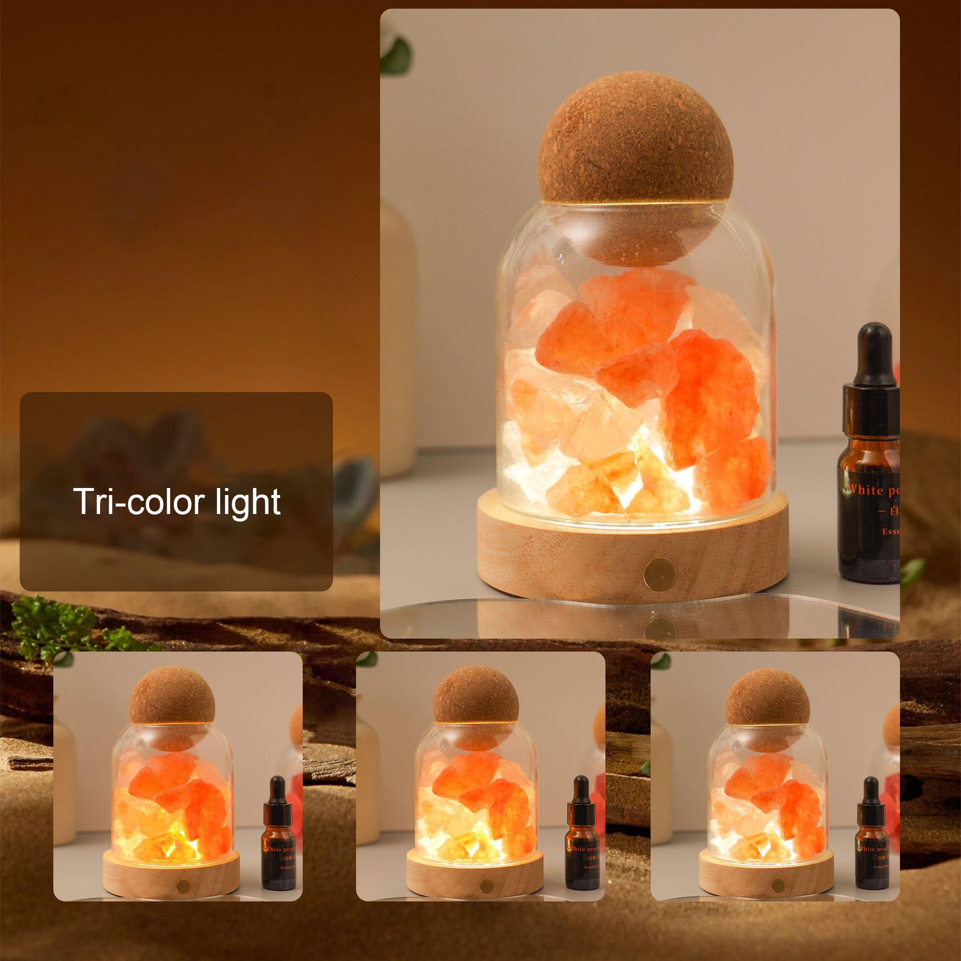 Lampka nocna z kryształu soli, naturalny dyfuzor zapachowy, port USB, 3 tryby kolorów, możliwość ściemniania, dekoracja do sypialni, biura, spa wellness i relaksu
