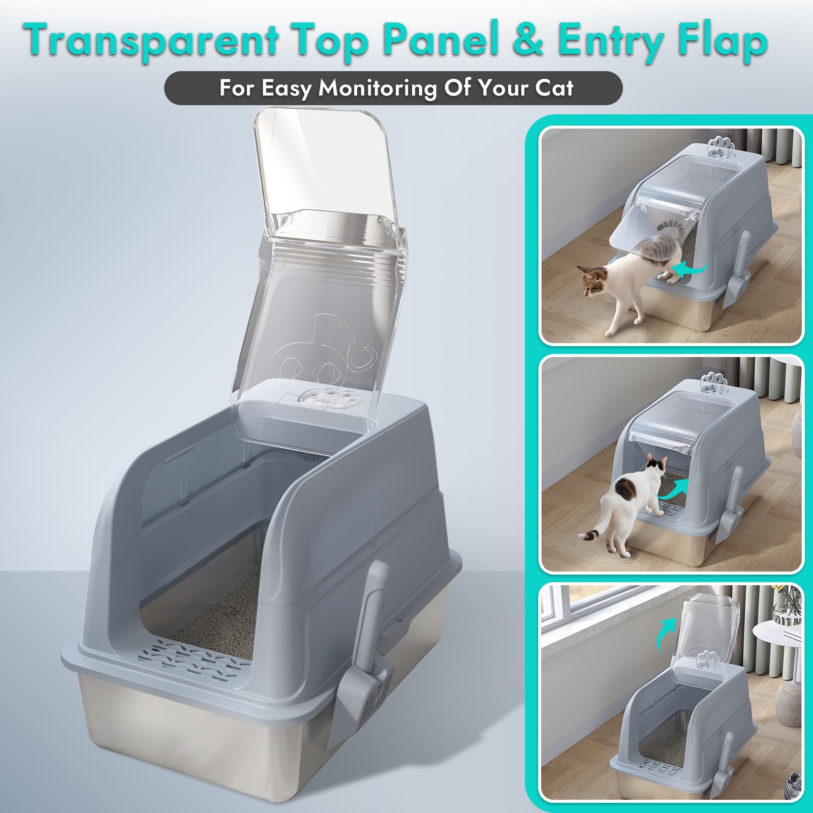 Extra Large Litter Box for Big Cats, Stainless Steel Cat Litter Box with High Side, Without Leakage and Stick, Includes Litter Scoop (Black) - image 3