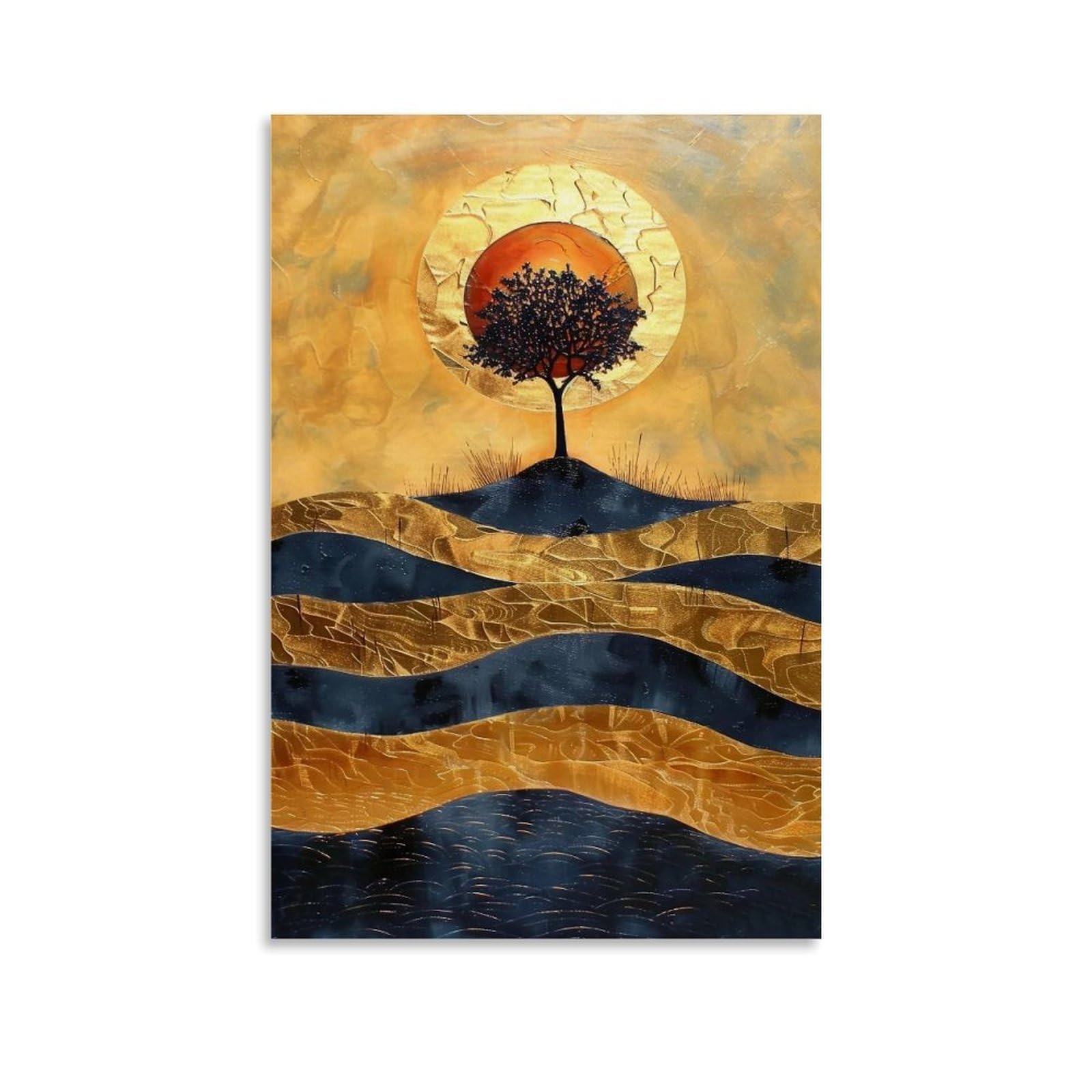 MGHTGRWE Gilded Impasto Minimal Lone Tree Red Sun Rolling Hills 04 Poster Wall Art Canvas Vintage Aesthetic Painting Decor for Rooms 08x12inch Unframe-style