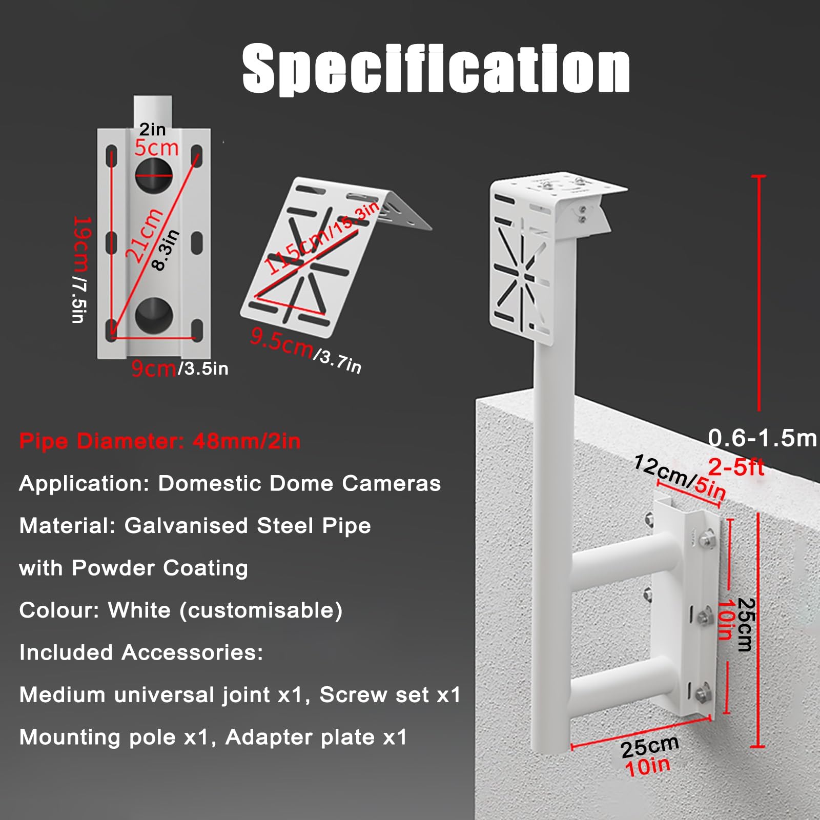 Poste de Montaje de Acero Resistente a la Intemperie para cámaras de Seguridad, Soporte de Pared para una o Dos cámaras, 1,5 Metros/5 pies de Altura, Color Blanco.
