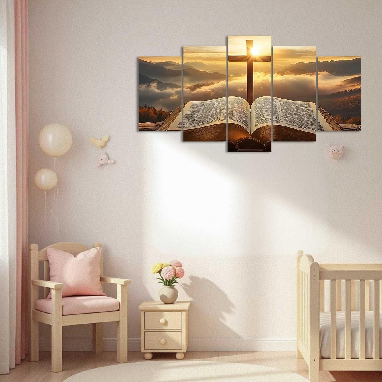 ZXHYWYM 5 Stück christliche Bilder Jesus Bibel und Kreuz Gemälde Sonnenaufgang Landschaft Leinwanddrucke religiöse Schrift Poster Wohnzimmer Büro Dekoration ((55L x 100B cm))