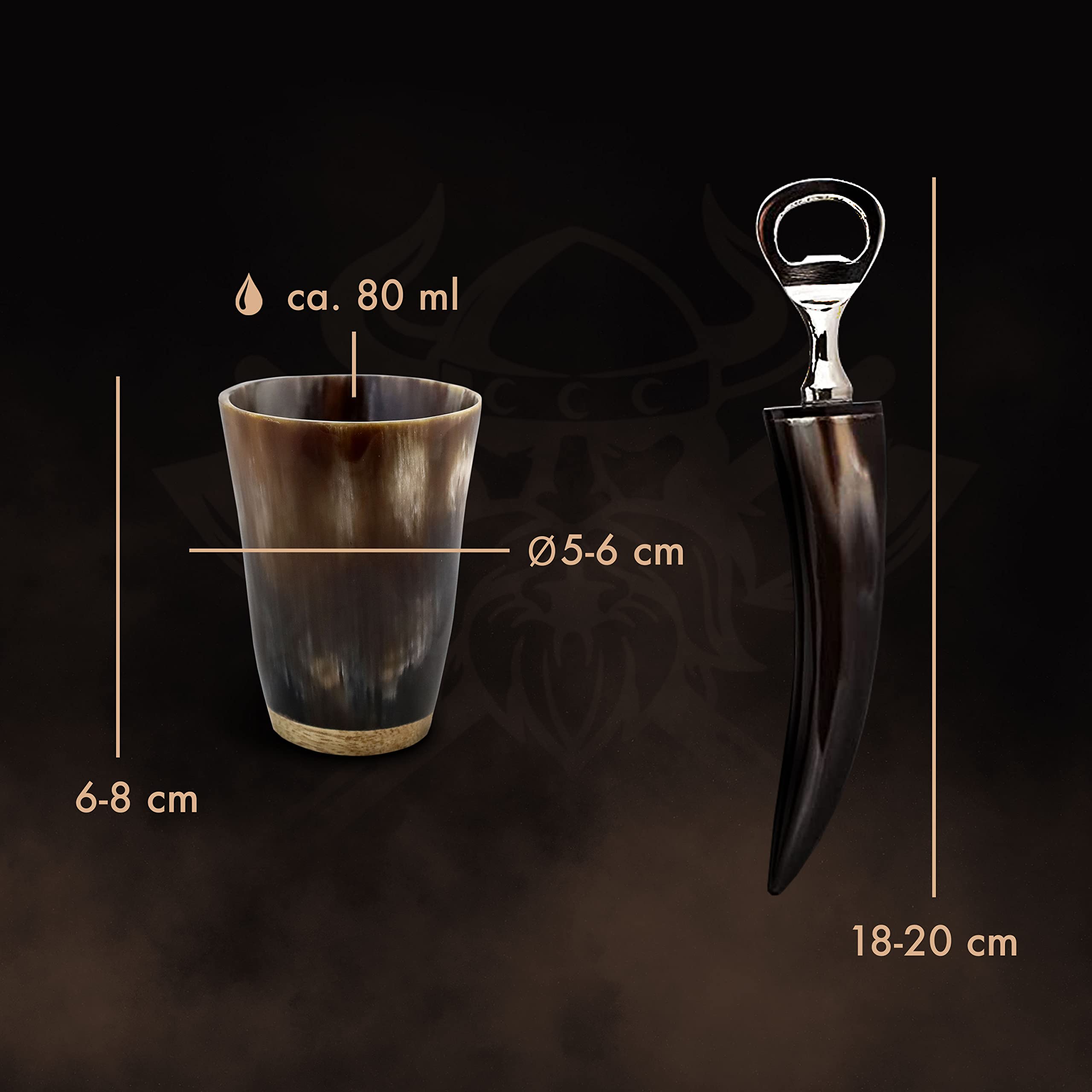 VIKING CRAFT Lot de 6 Gobelets en Corne à Boire - 80 ml + Décapsuleur - Décoration et Cadeau Viking pour Hommes et Femmes, Article de Fan