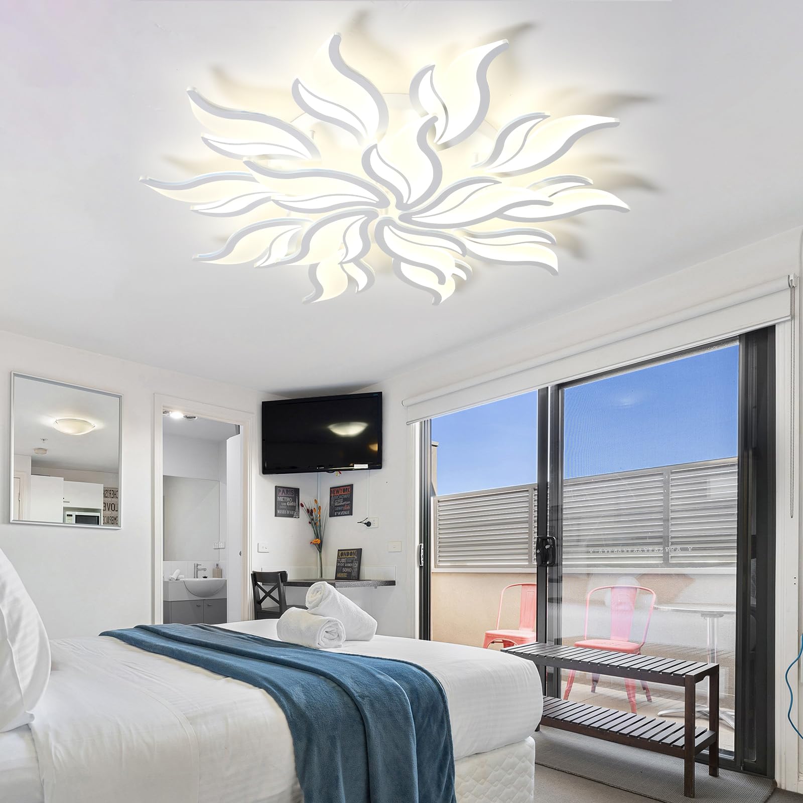 YFHKWJ Modern Dimmable LED Ceiling Light - 80W Acrylic 15 Petal Ceiling Light Fixture Bright Flower Shape Ceiling Light Fixture for Living Room Bedroom Kitchen 3000K-6500K-White