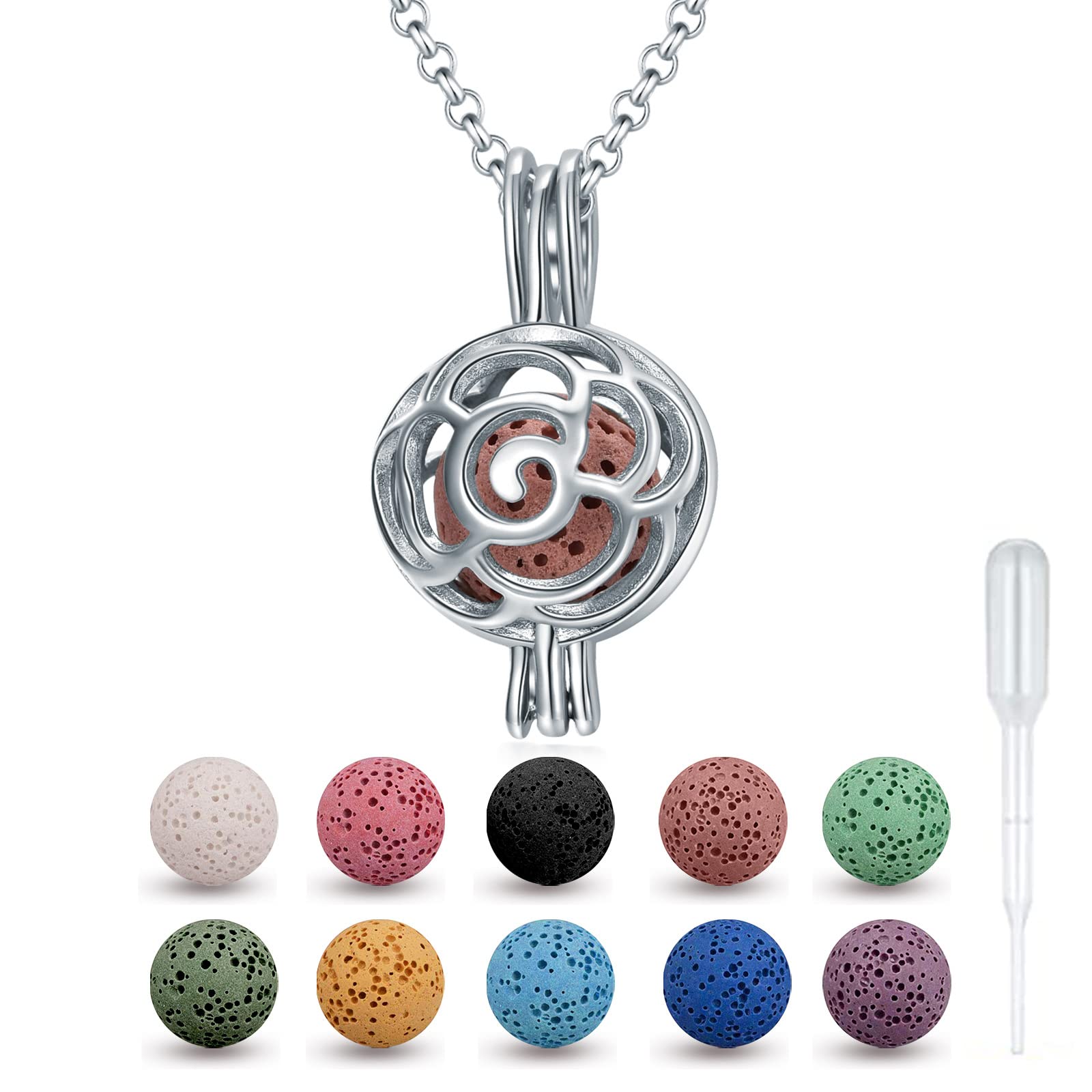 SOULMEETSterling Silver Sunflower/Rose Aromatherapy Necklace Essential Oil Diffuser Locket Pendant with 10 Colors Volcanic Lava Stones for Women