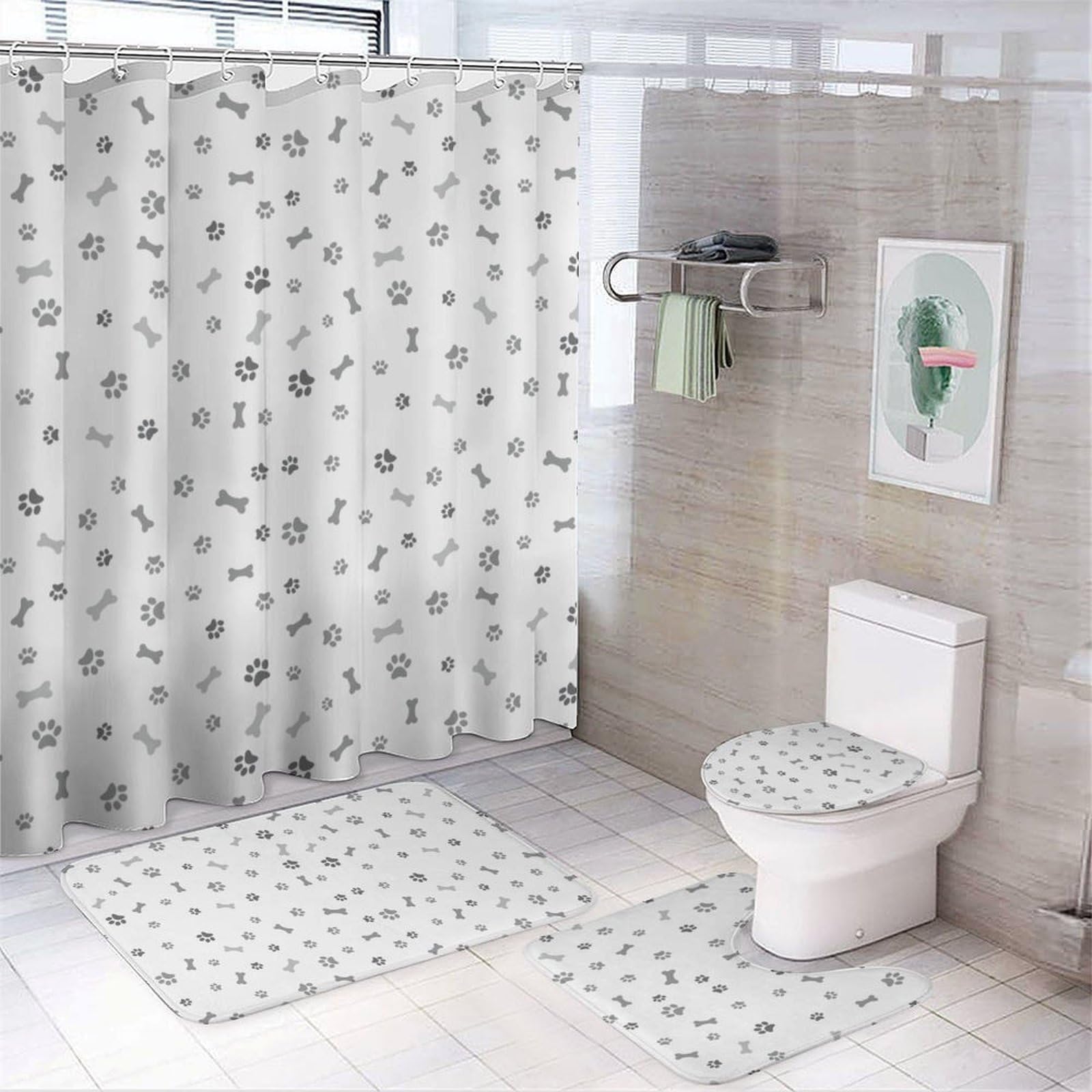 JZemdybill Bathroom Mat Set 4 Piece, Dog Paw Dog Bone Shower Curtain with Non-Slip Bath Mats for Bathroom