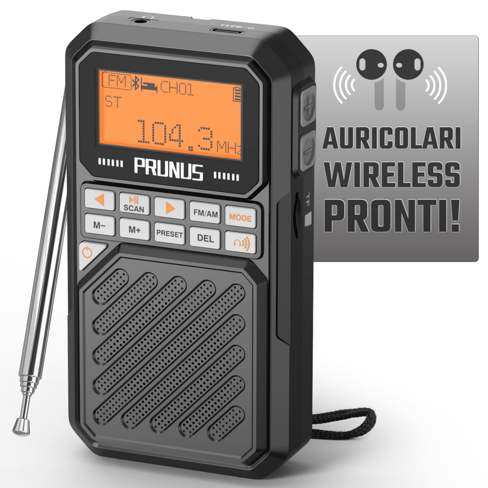 PRUNUS J-525 Radio Portatile AM/FM con Connessione per Auricolari Bluetooth, Mini Radiolina Ricaricabile da 2500 mAh, Radio Digitale con Jack per Cuffie, Slot per Scheda TF, Timer di Sonno.