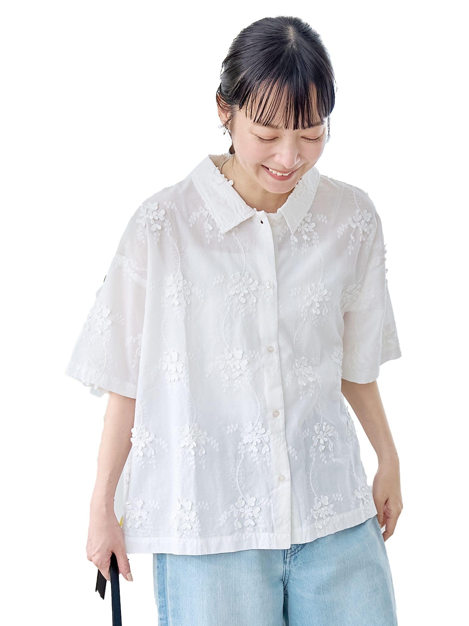 Amazon.co.jp: [コーエン] 3Dフラワー刺繍 ハーフスリーブシャツ
