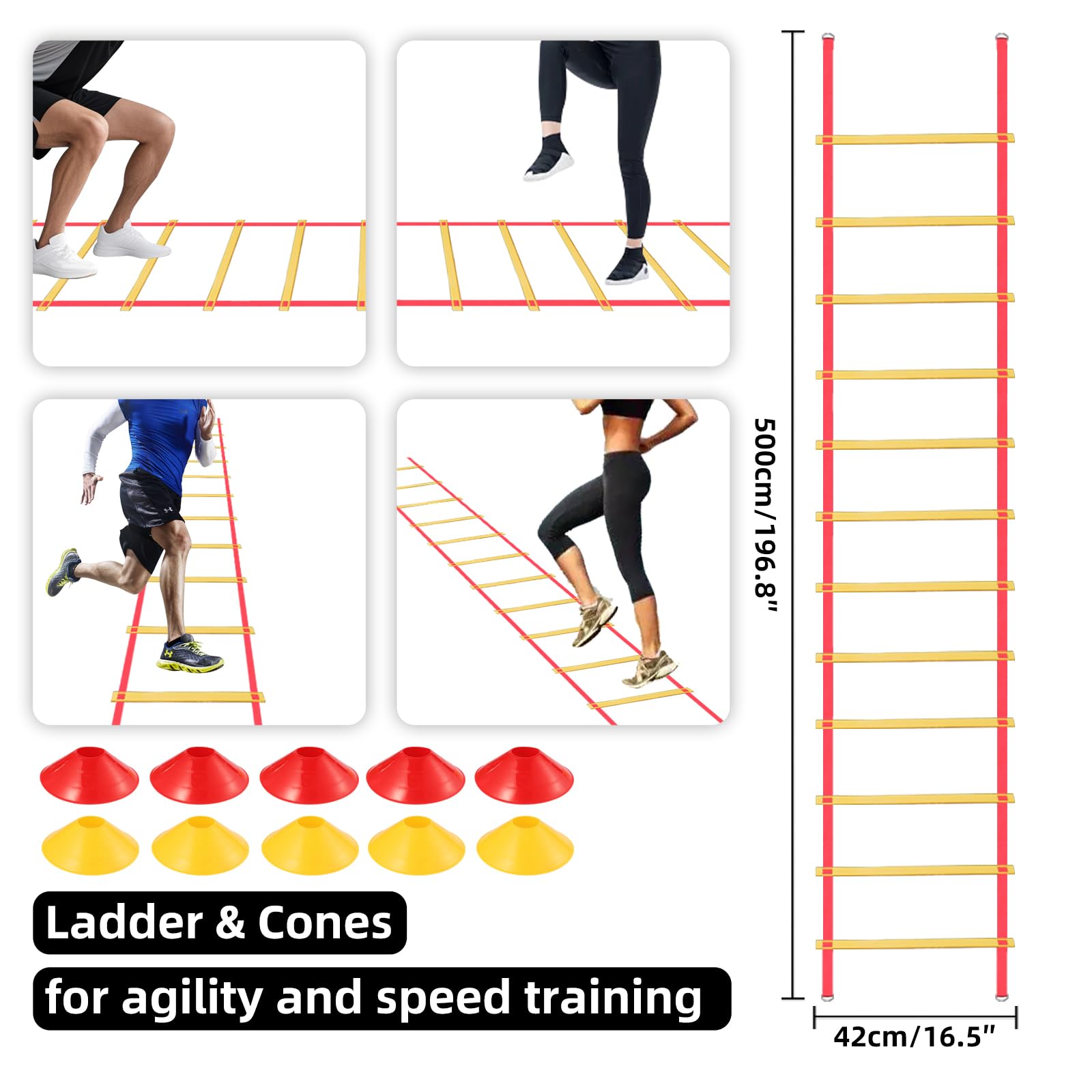 Equipo de bastones de entrenamiento de agilidad de fútbol con bolsa, 6 postes de agilidad, 3 palos horizontales, 1 escalera de agilidad con bolsa, 10 conos de fútbol, equipo de entrenamiento de
