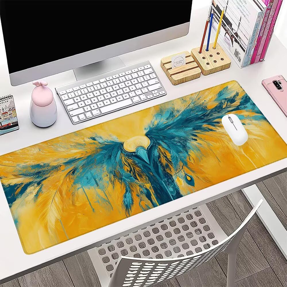 Alfombrilla de Mouse para Juegos, Giallo, XXL, Antideslizante, Impermeable, Diseño de Piuma, Extendido, Grande, 1200x600x3mm, para PC, Laptop, Ufficio, Famiglia d-641