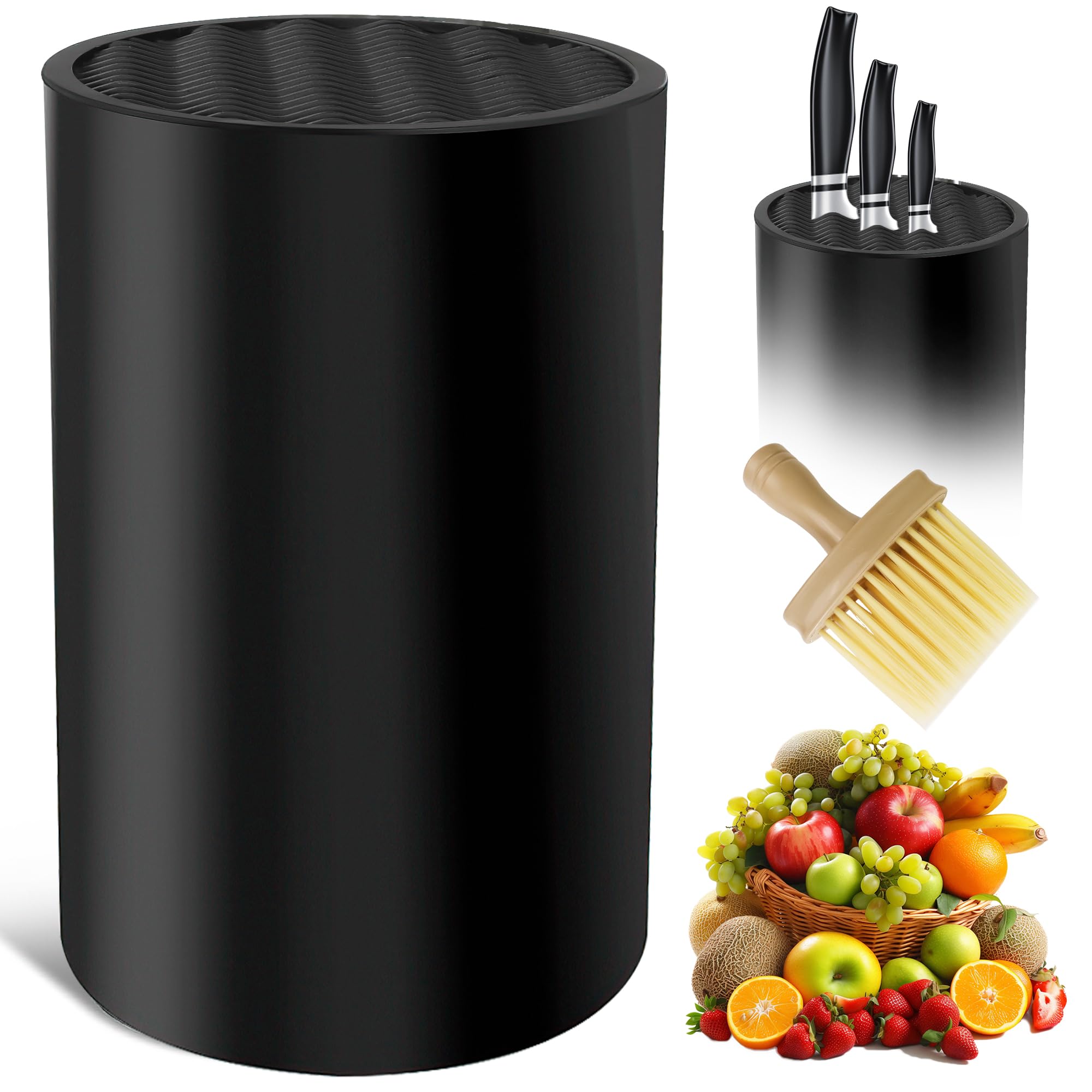 Bloc Couteaux Cuisine Vide Noir - Design Ondulé avec Support Porte 20 couteaux - Bloc Cuchillos Vide Antidérapant et Ventilé avec Brosse et Boîte de Rangement