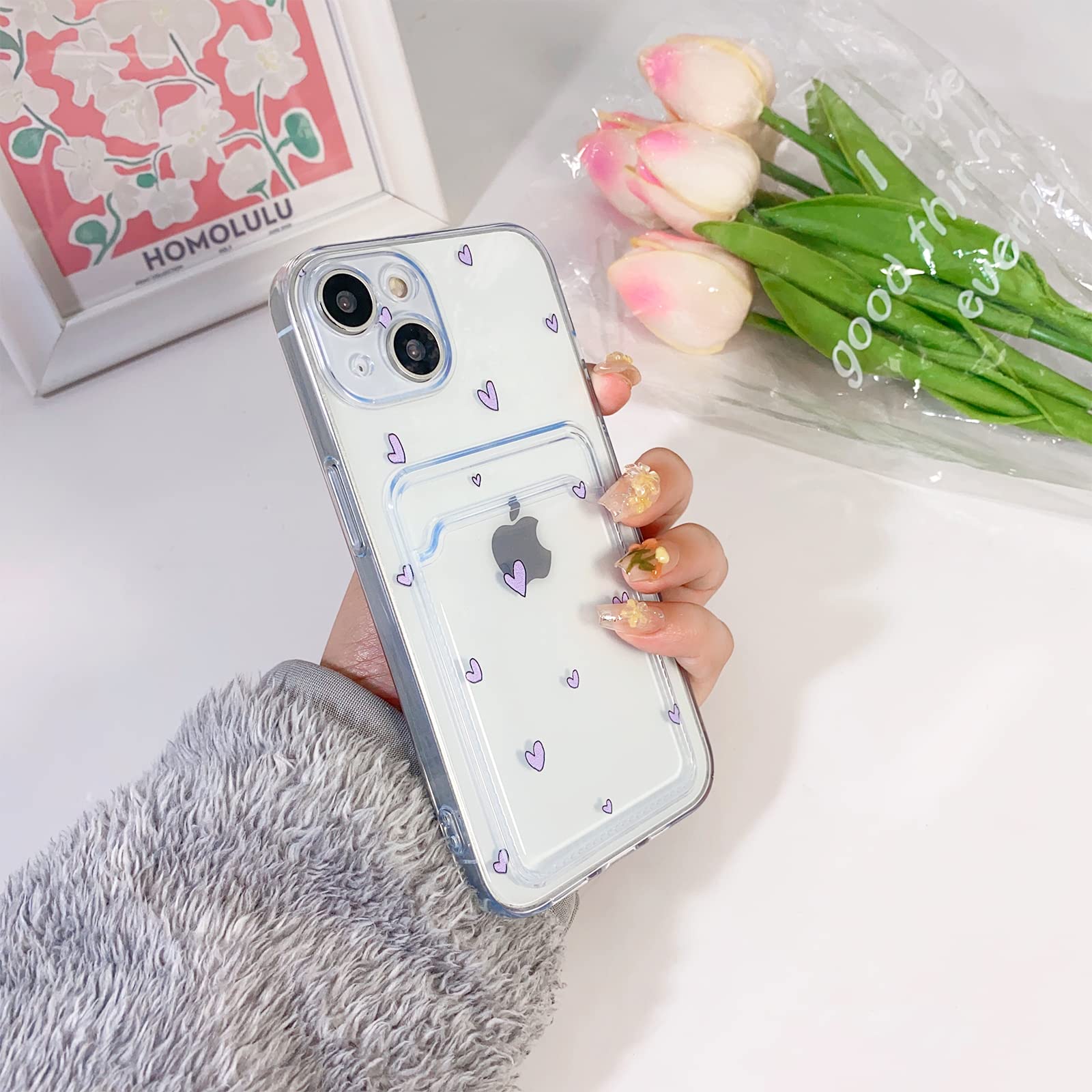 NITITOP Compatibile con iPhone 14 Custodia trasparente con porta carte, motivo a cuore carino per donne e ragazze, custodia protettiva in morbido TPU antiurto per iPhone 14-viola cuore