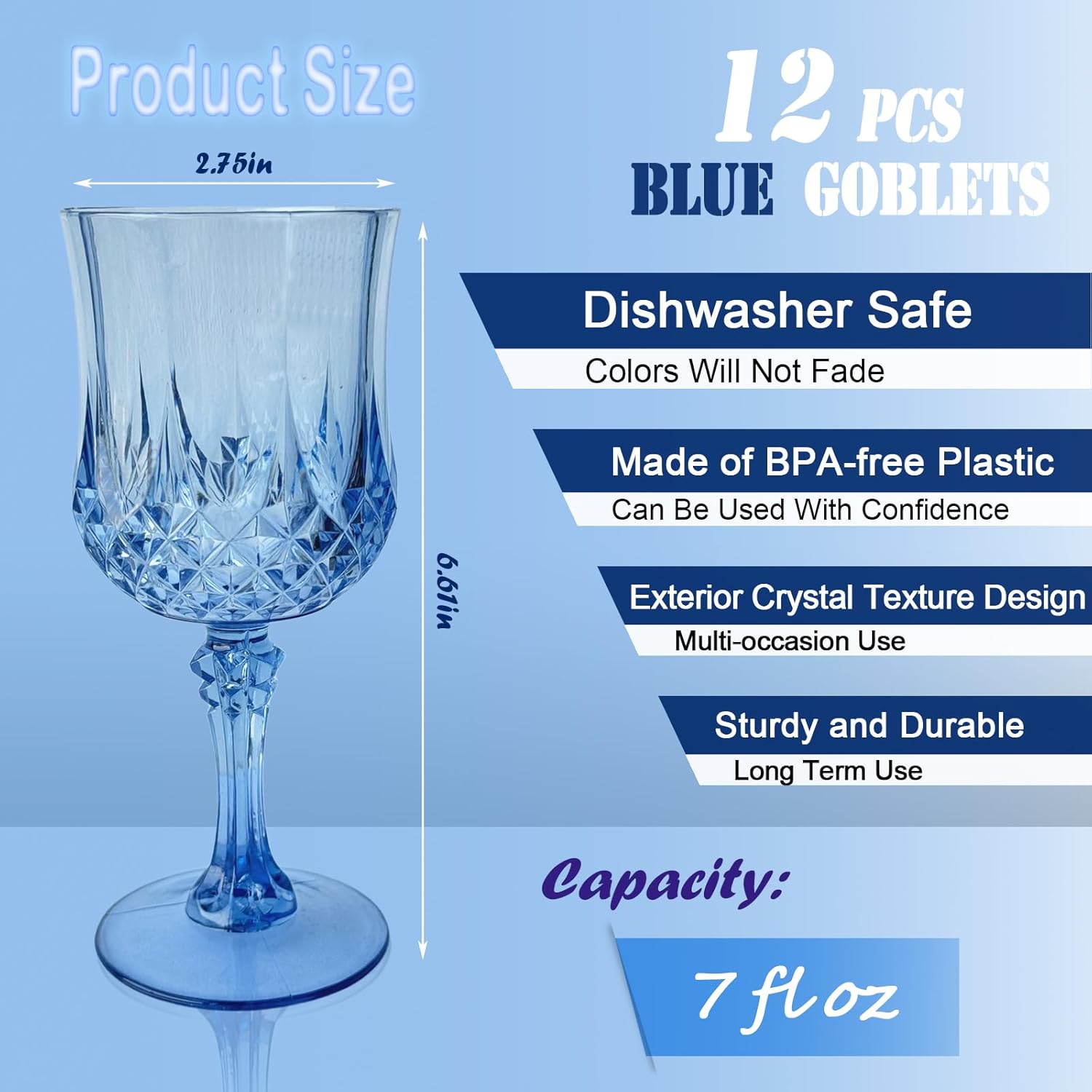 12 PCS Blue Plastic Wine Glasses,Reusable Plastic Wine Glasses,Blue Goblet Glass,Durable and Sturdy Cups Can Be Used for Various Parties Such as Weddings! - Image 2