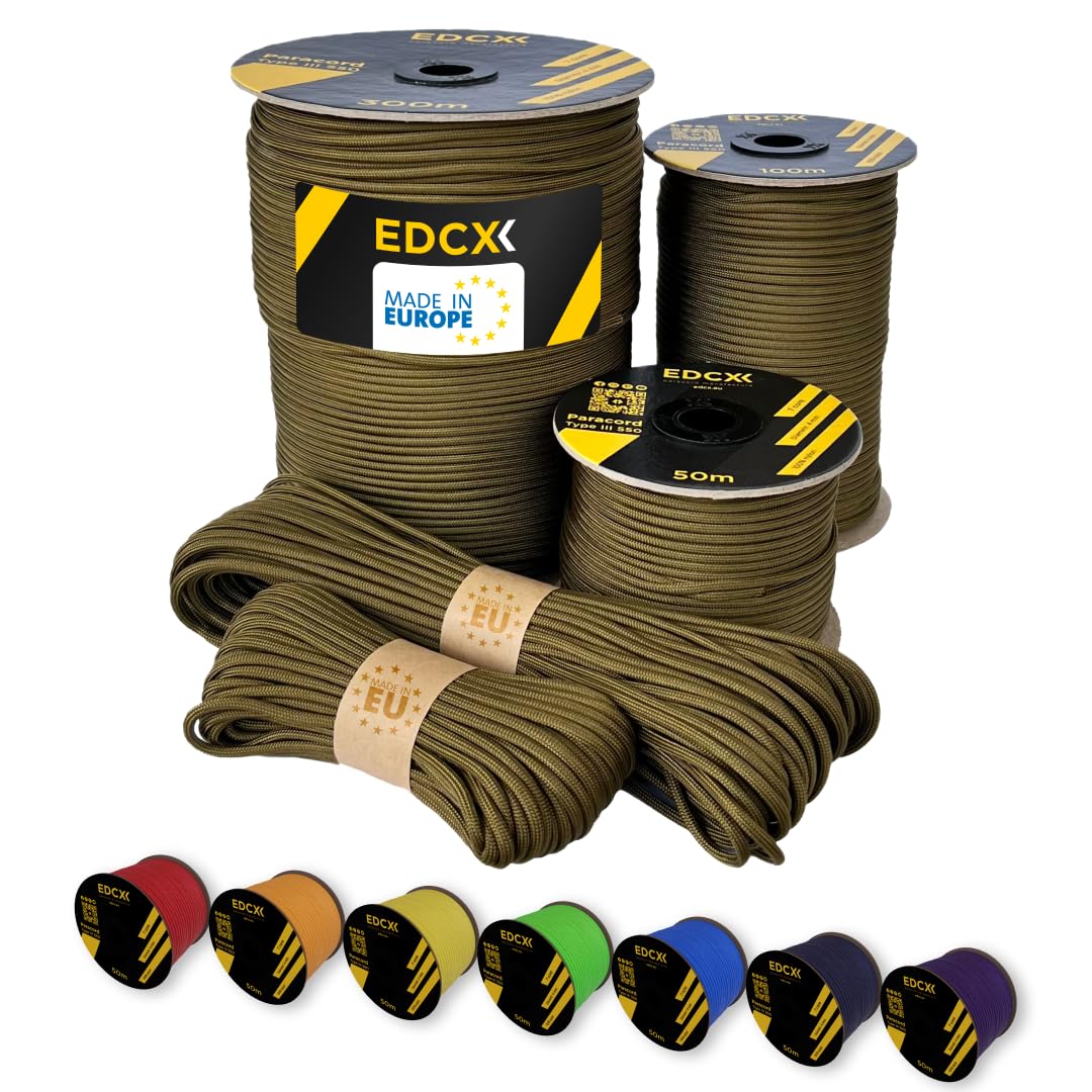 EdcX Paracord 4mm, 35+ Solid Colors (10m, 15m, 30m, 50m, 100m, 300m) | Ideal for Crafting, DIY, Camping, Survival, Outdoor | 100% Nylon Rope 4mm | Tactical Cord 550 Type III