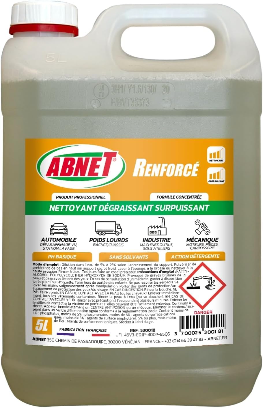 ABNET - Abnet Renforcé - Nettoyant Dégraissant Surpuissant - Élimine toutes les traces - 5L