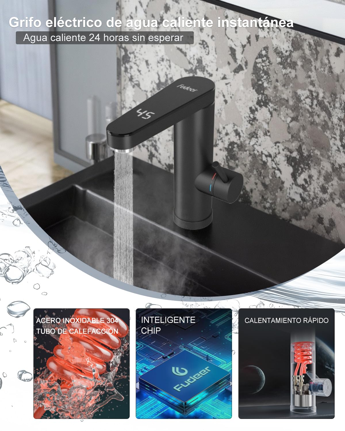 Grifo de calentador de acero inoxidable, Grifo eléctrico con calentador de corriente con indicador de temperatura digital, Salida giratoria de 120 grados, Instalaciones de baño eléctricas