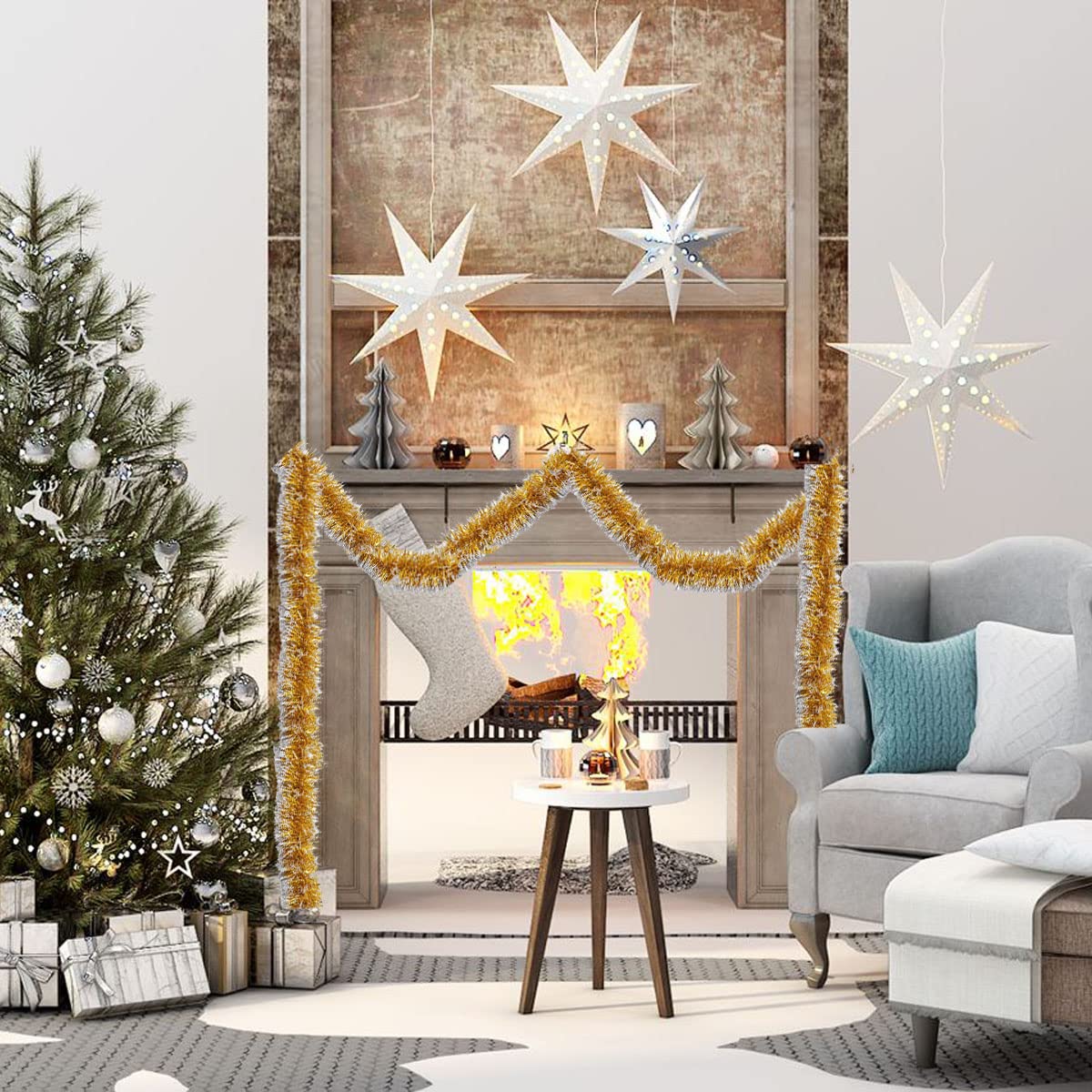 Ghirlanda Natalizia Lucida 10 Metri – Tinsel Argento E Bianco Con Filo Metallico Per Decorazioni Soffitto, Albero E Porte