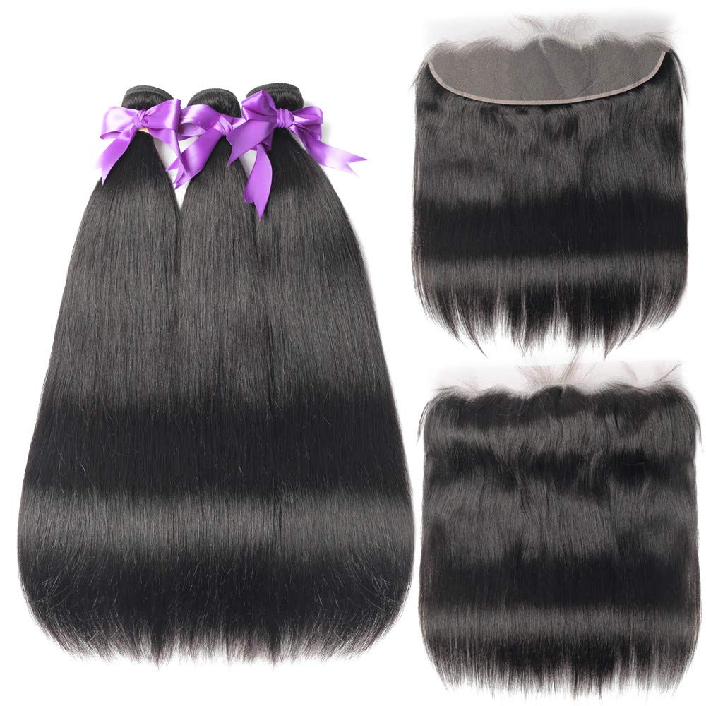Beauhair Brazilian Straight Hair 3 Bundles With Frontal Closure 13x4 Ear To Ear Lace Frontal With Bundles Unprocessed Virgin Human Hair Extensions Natural Color (18 20 22+18Frontal)