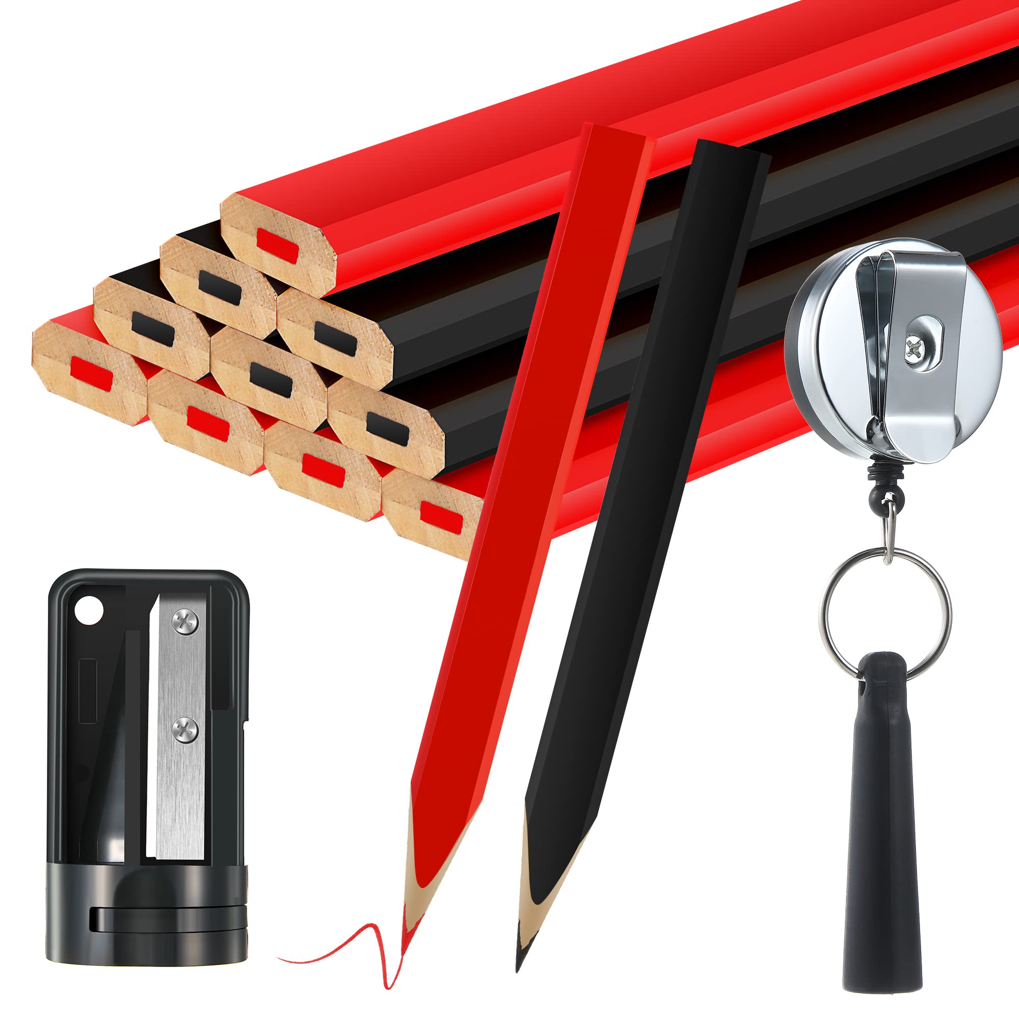 Hohean 14 Pcs Carpenter Pencils, 7 Inches Flat Octagonal Hard Woodworking Construction Pencils Heavy Duty with Pencil Sharpener and Retractable Pull Pen Holder for Contractor Carpentry (Black,Red)