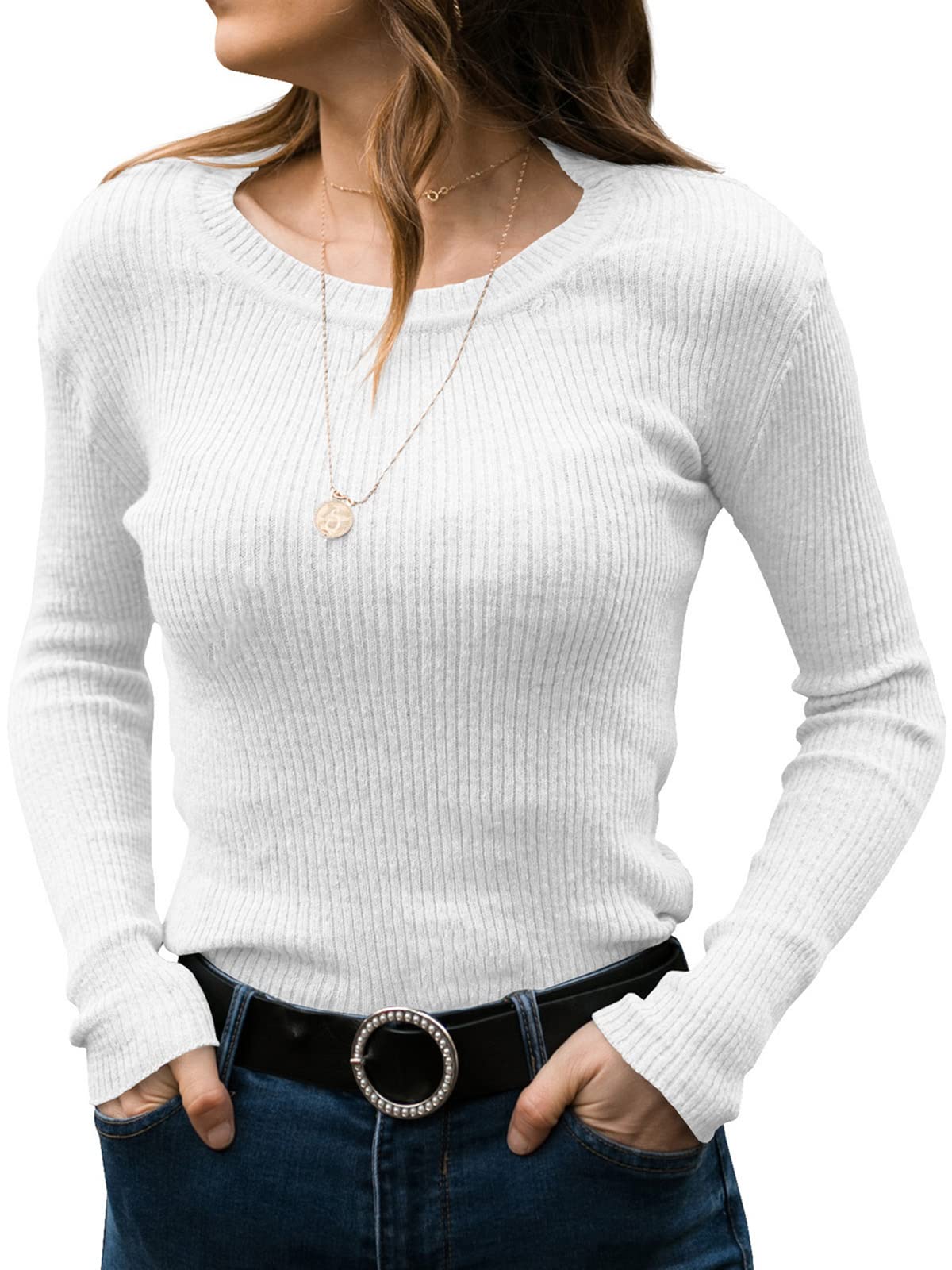 Hongqizo Women's Knit Sweaters Long Sleeve Ribbed Pullover Solid Basic Sweaters Knit Jumper