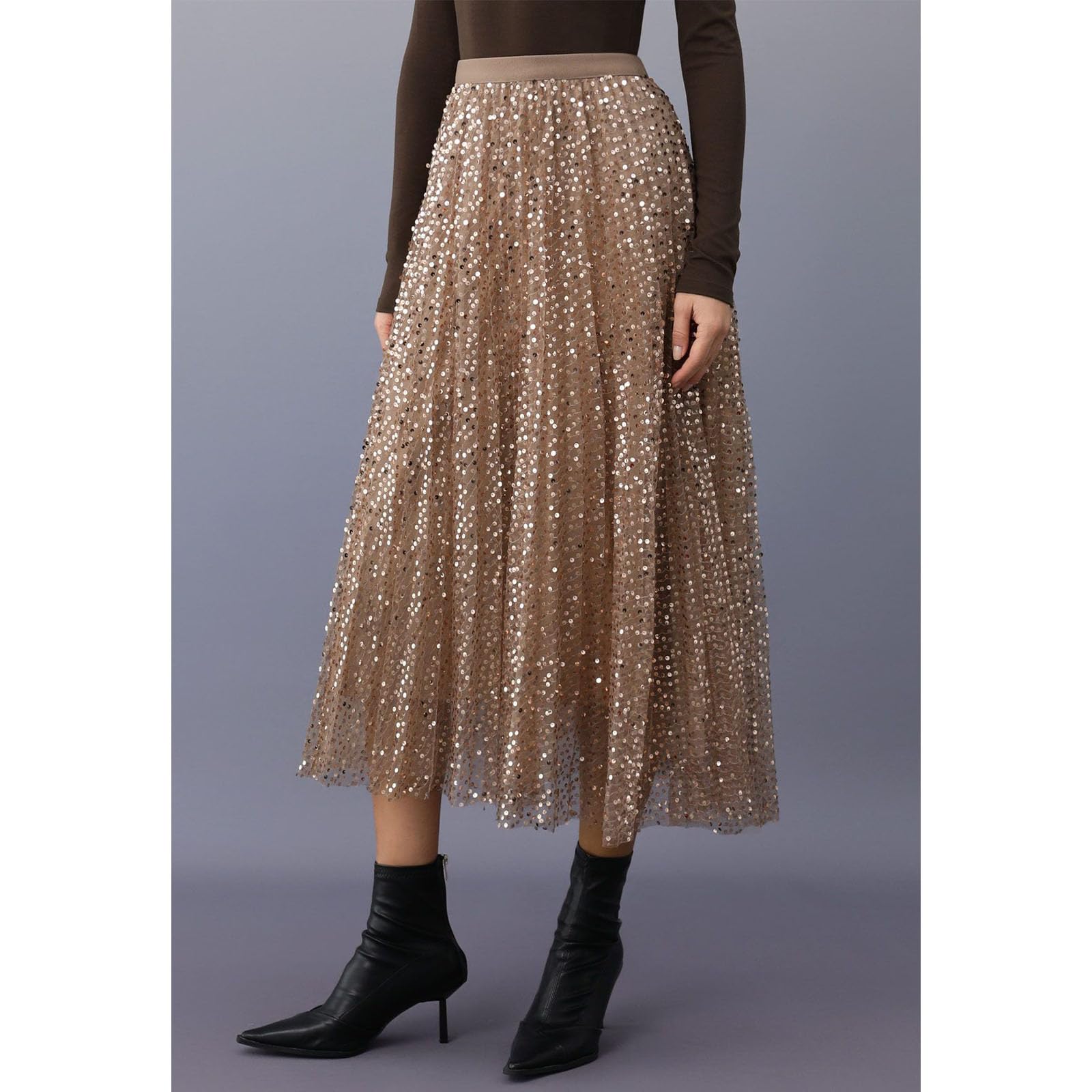 CHICWISH Falda tutú de tul con estampado de lentejuelas doradas y brillantes para mujer, falda acampanada de malla elástica de doble capa