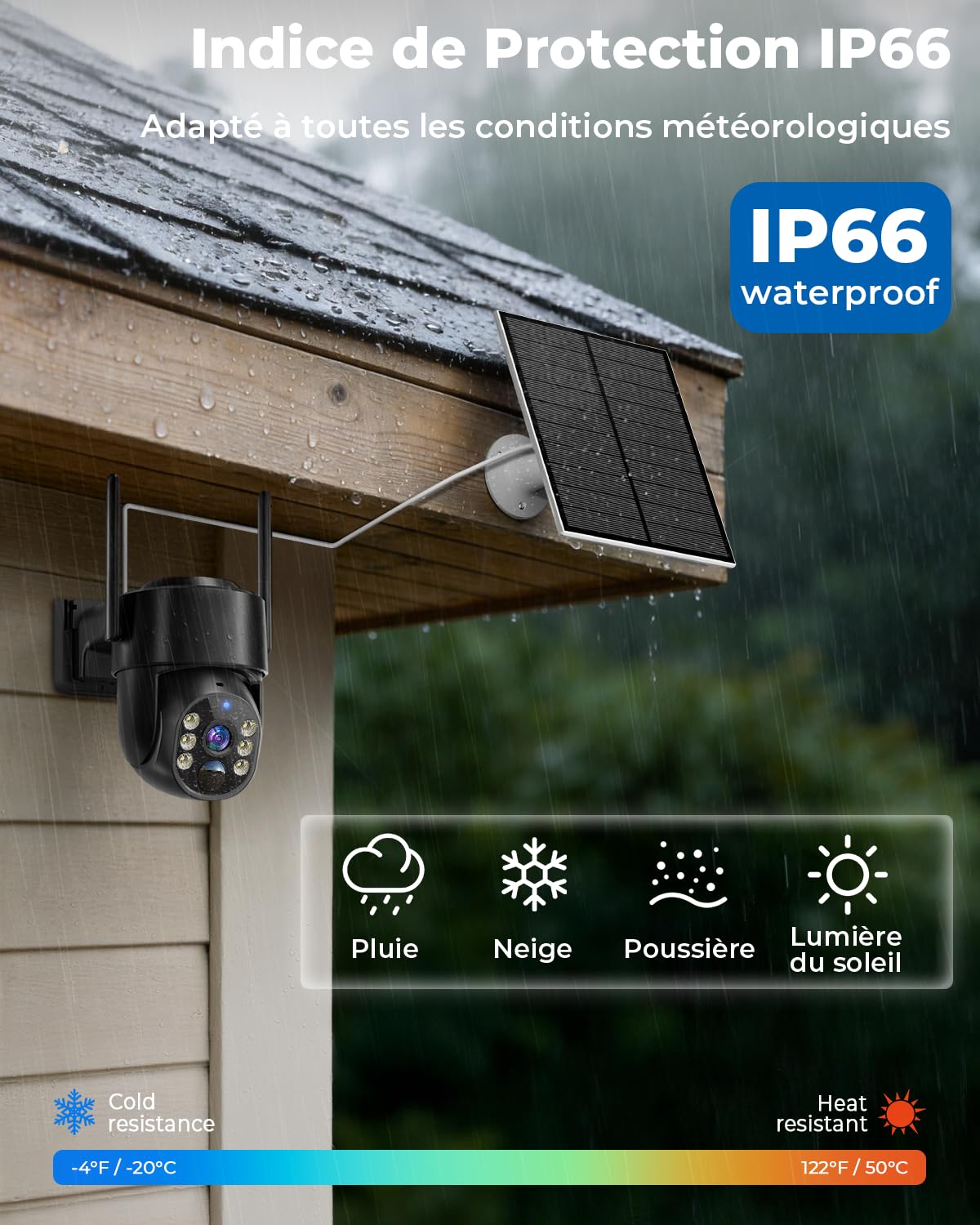 Camera Surveillance WiFi Exterieure sans Fil Solaire 2.5K 4MP avec Panneau Solaire 5W, 2K QHD, Batterie 8000mAh, 2.4G et 5GHz Wi-FI, 360° PTZ Suivi Automatique, IP66, PIR Détection