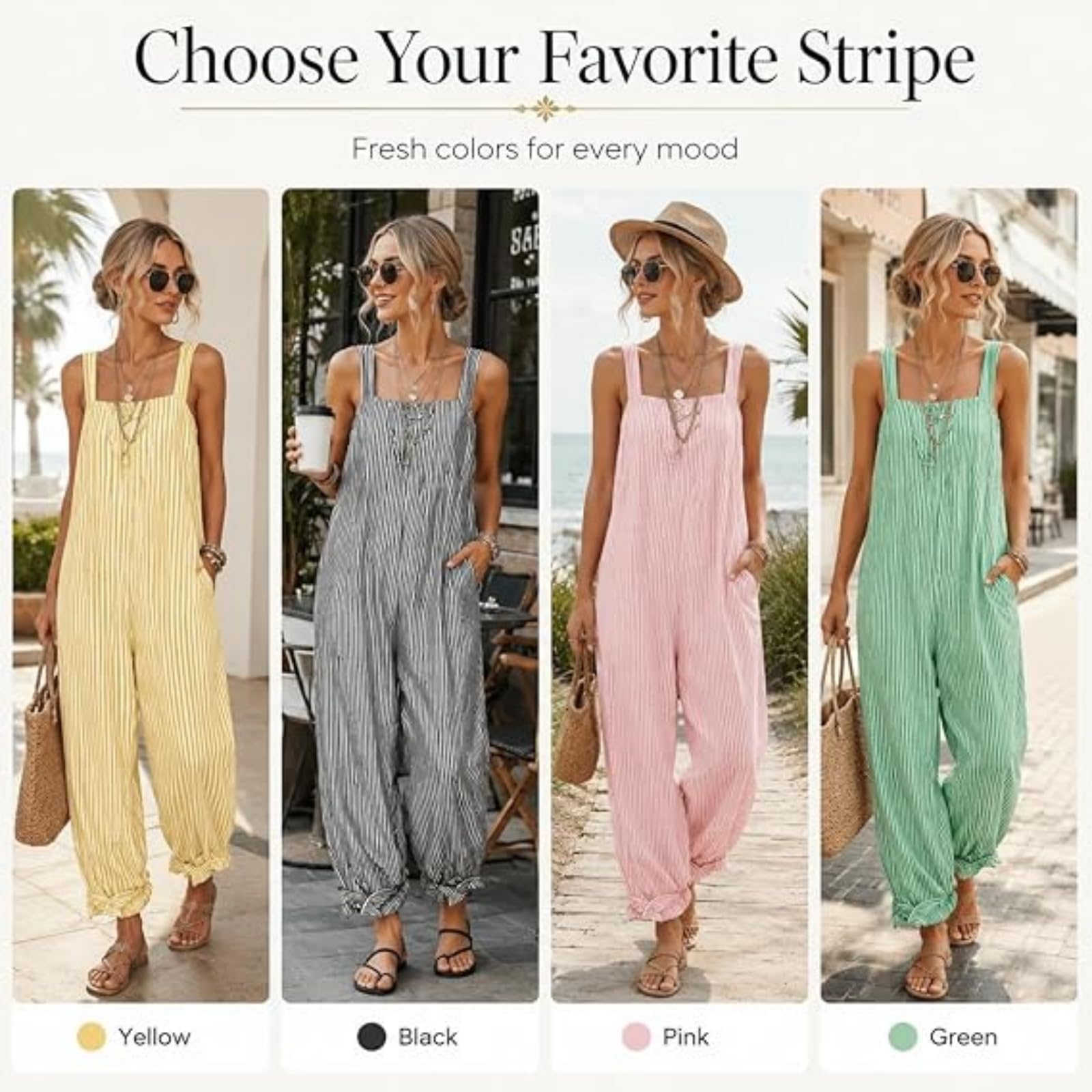Tuta intera da donna a righe, stile minimalista, scollo quadrato, senza maniche, gamba larga e vestibilità comoda con tasche – Ideale per l'estate