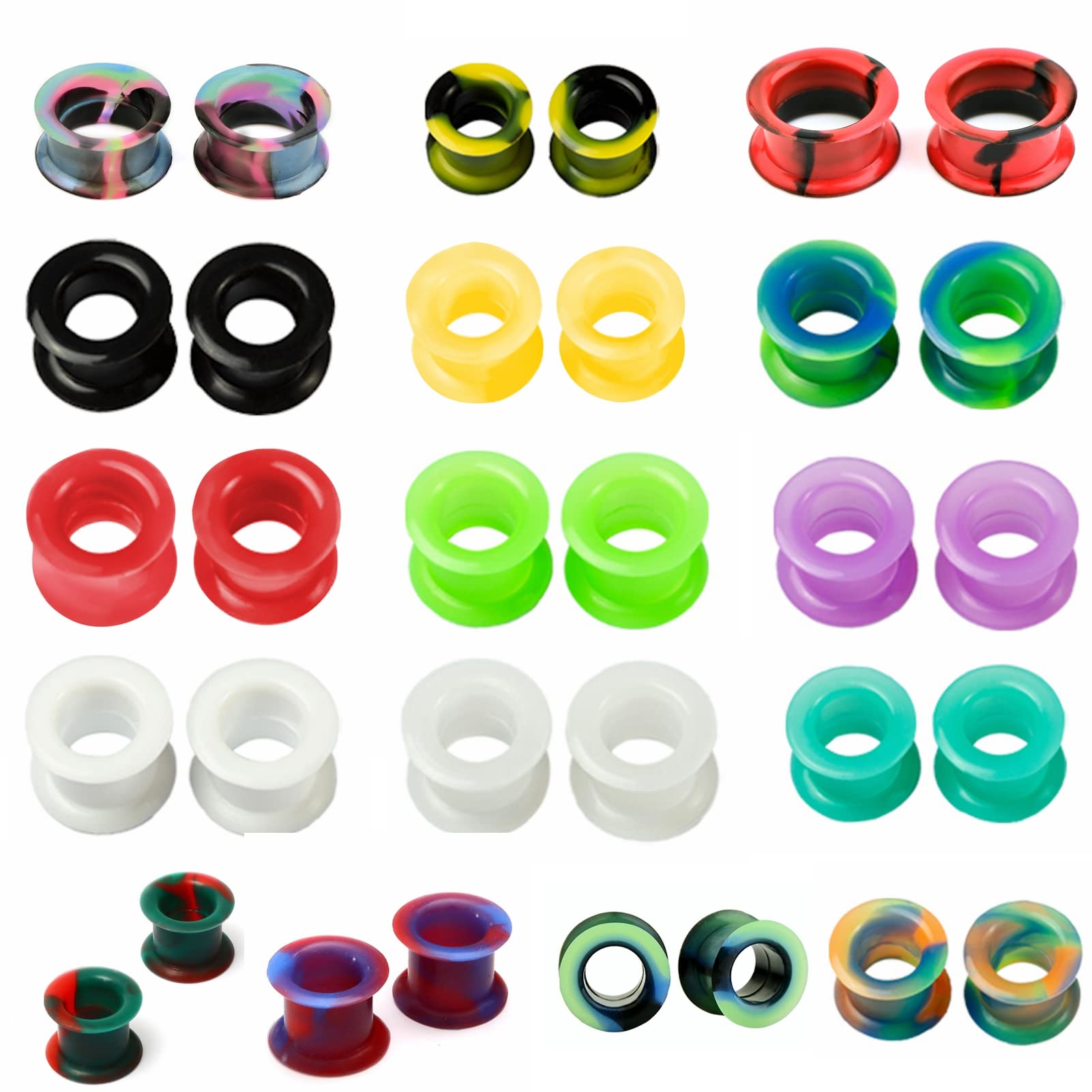 WYR 12/16/20/24/32pcs Ear-Tunnels Plugs Expander Piercing-Kit Set : Double Flare Hollow Hard Silicone Ear Gauges Ear Expander Stretcher Body Piercing