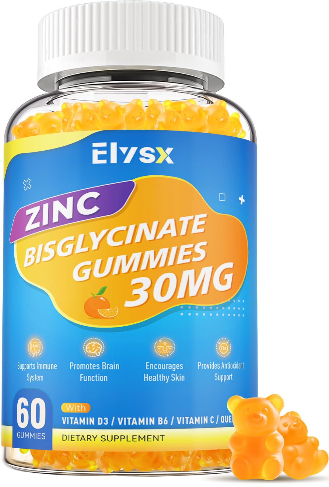 Zinc Glycinate 30 mg Gummies, Chewable Zinc Supplement for Women & Men, with Vitamin C, D3 & B6, Quercetin, Immune System Support, Skin Health & Antioxidant, Natural Fruit Flavor, 60 Ct