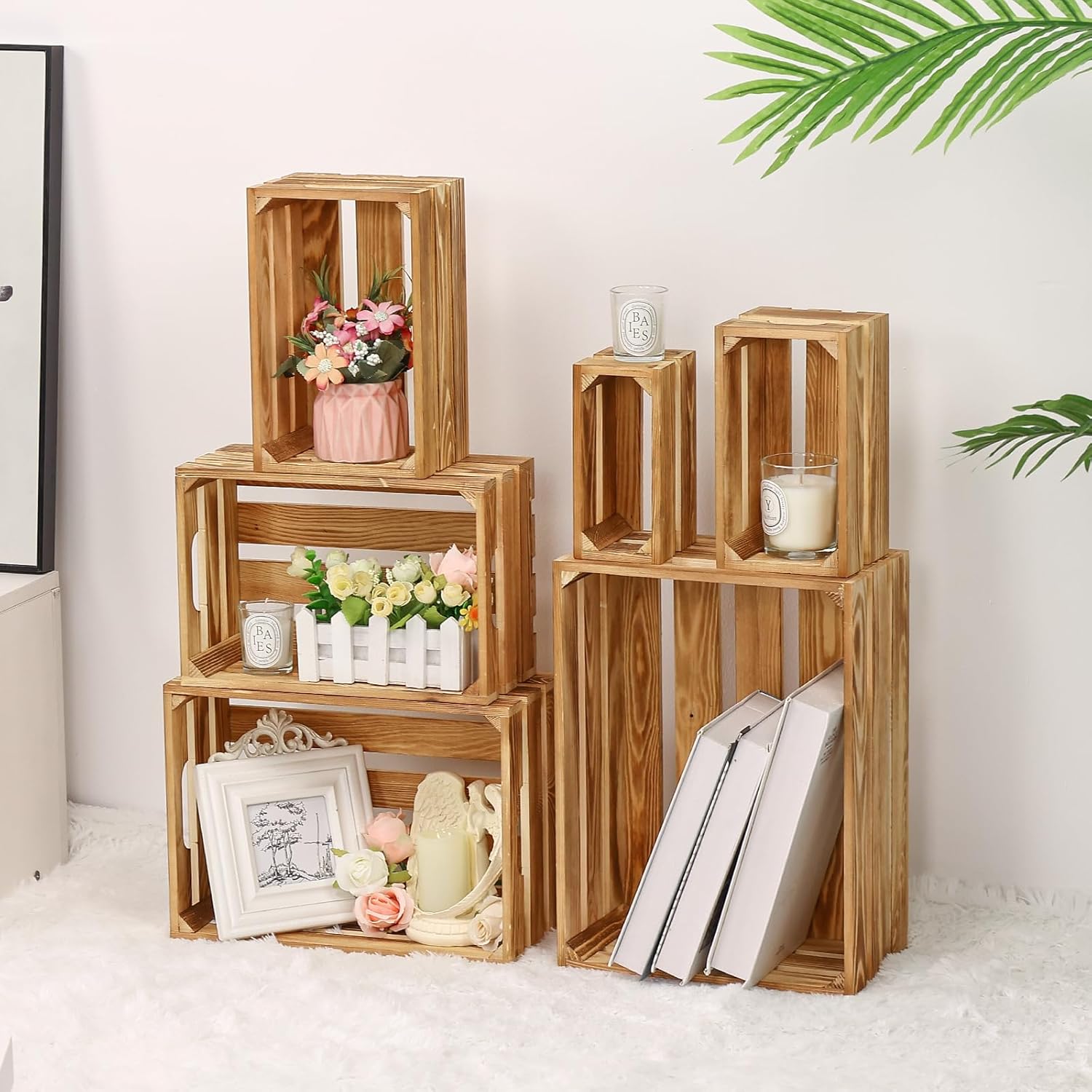 BOBOKA Set of 6 Decorative Wood Crates Nesting Storage Container, 6 Size Farmhouse Decorative Wooden Storage Boxes, Rustic Wooden Crates for Storage, Display, Christmas Decorations