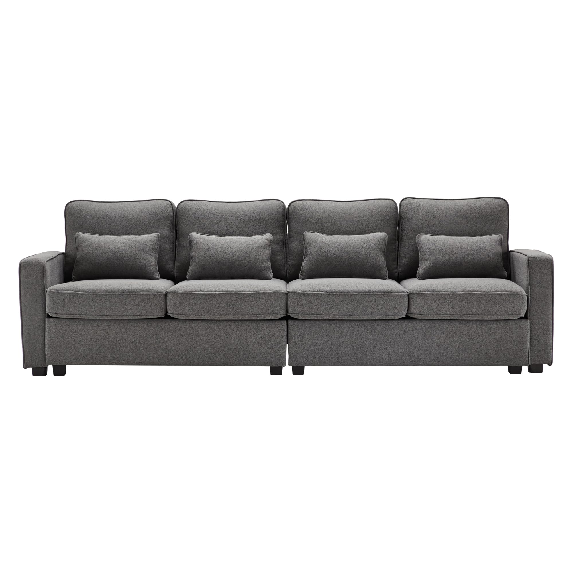 Lubvtti Sofá 4 Plazas Moderno de Tela de Lino con Bolsillos para Reposabrazos y 4 Cojines, Estilo Sencillo para Salón o Dormitorio, Gris Oscuro
